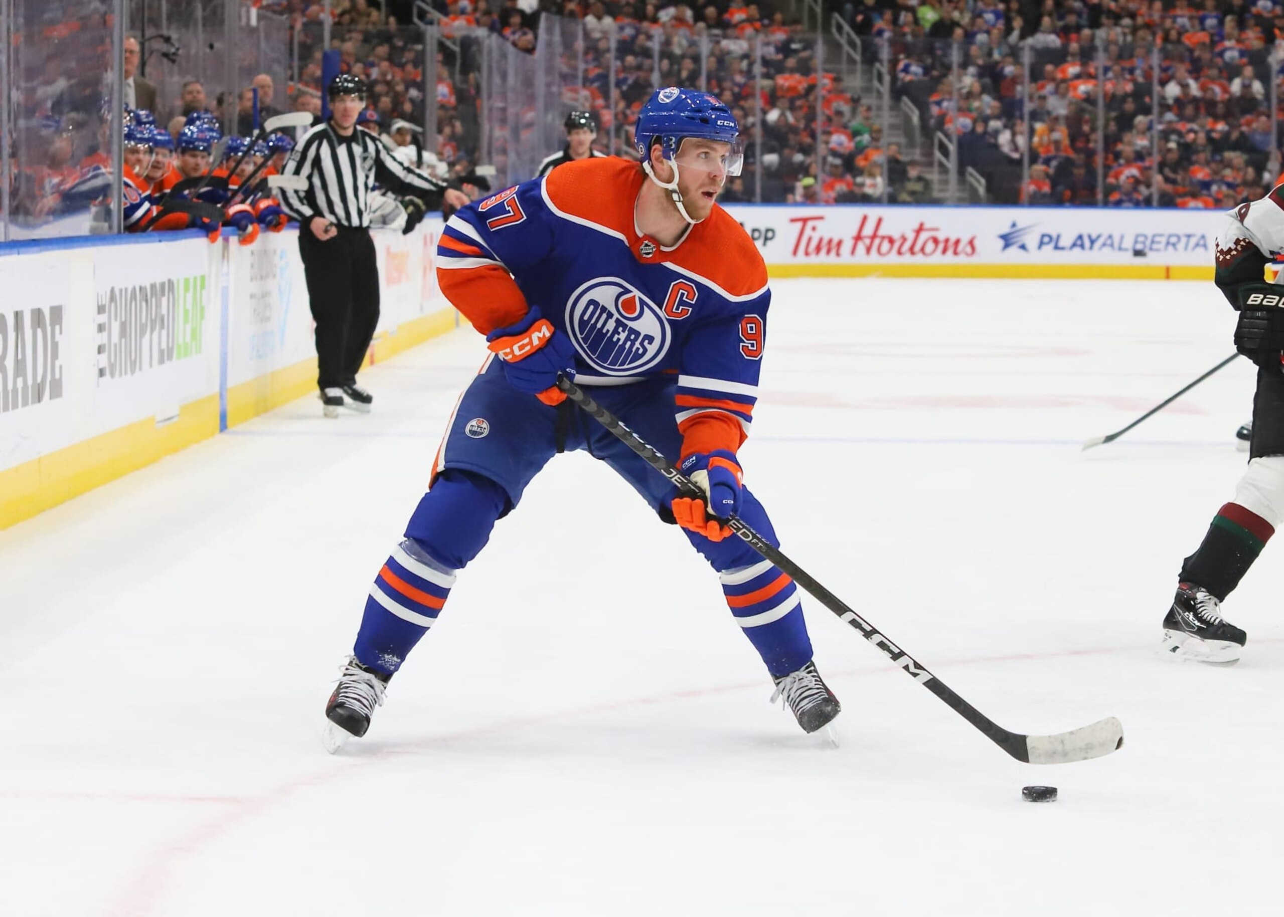 EDMONTON, CANADA - MARCH 22: Connor McDavid #97 of the Edmonton Oilers skates with the puck in the second period against the Arizona Coyotes at Rogers Place on March 22, 2023 in Edmonton, Alberta, Canada. (Photo by Lawrence Scott/Getty Images)