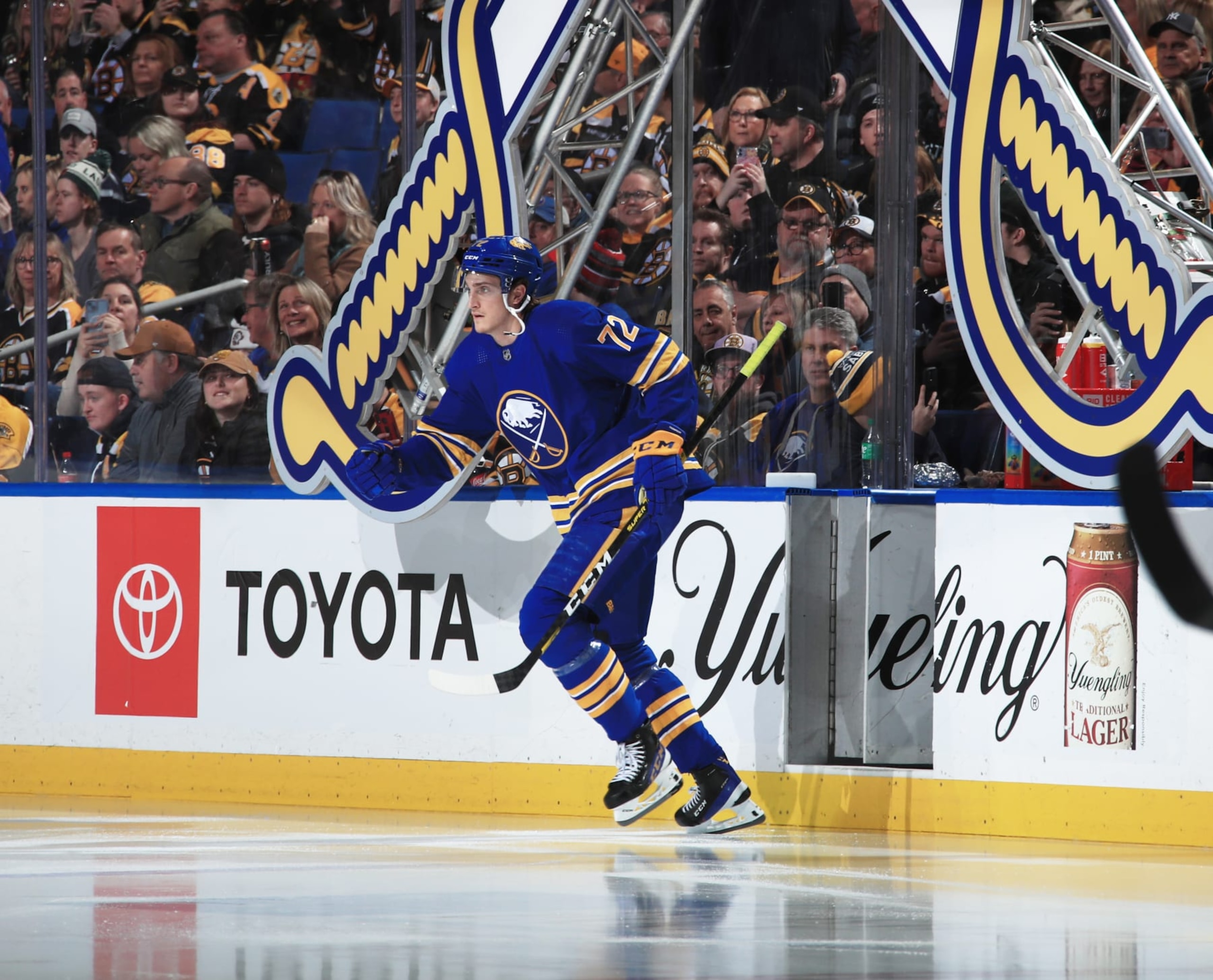 BUFFALO, NY - MARCH 19: Tage Thompson #72 of the Buffalo Sabres skates onto the ice against the Boston Bruins during an NHL game on March 19, 2023 at KeyBank Center in Buffalo, New York. (Photo by Bill Wippert/NHLI via Getty Images)
