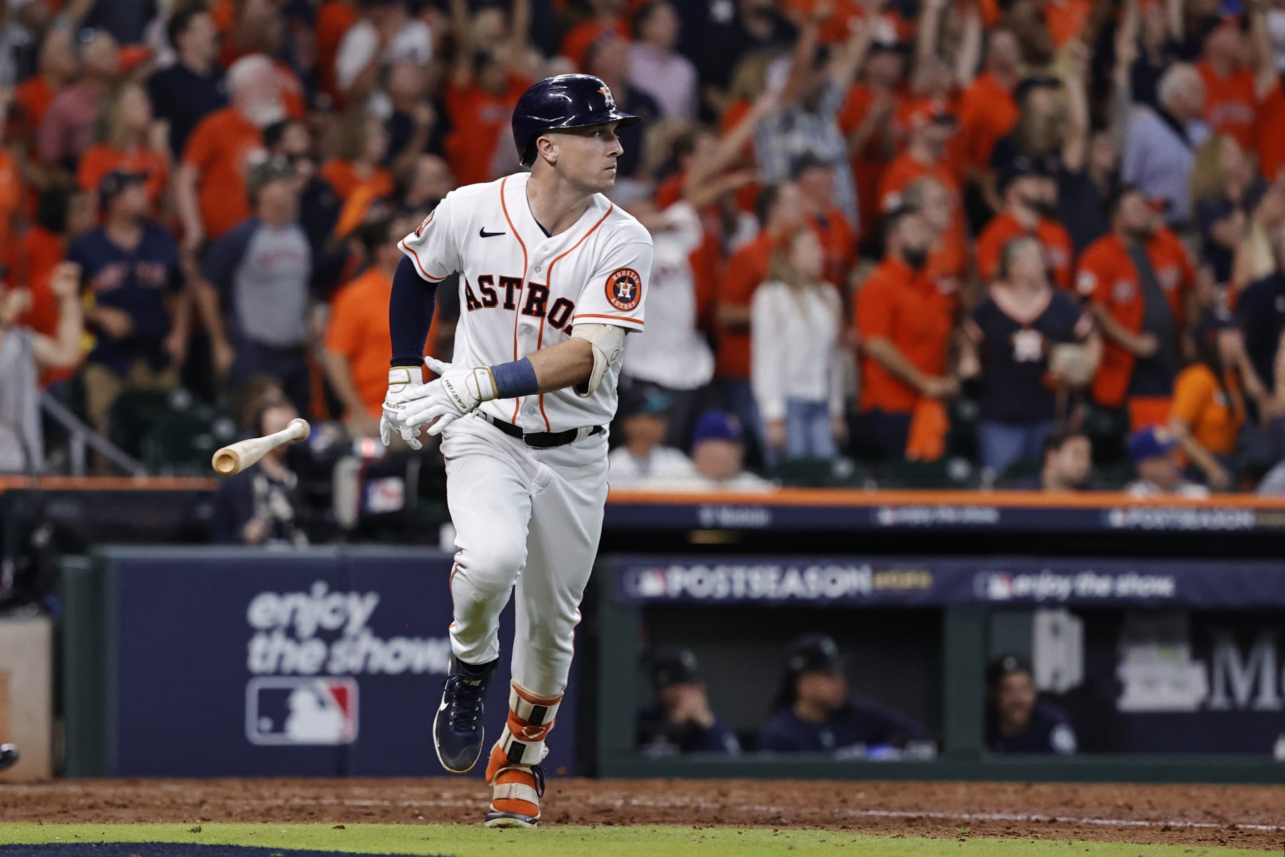 HOUSTON, TEXAS - OCTOBER 11: Alex Bregman #2 of the Houston Astros hits a two-run home run against the Seattle Mariners during the eighth inning in game one of the American League Division Series at Minute Maid Park on October 11, 2022 in Houston, Texas. (Photo by Bob Levey/Getty Images)