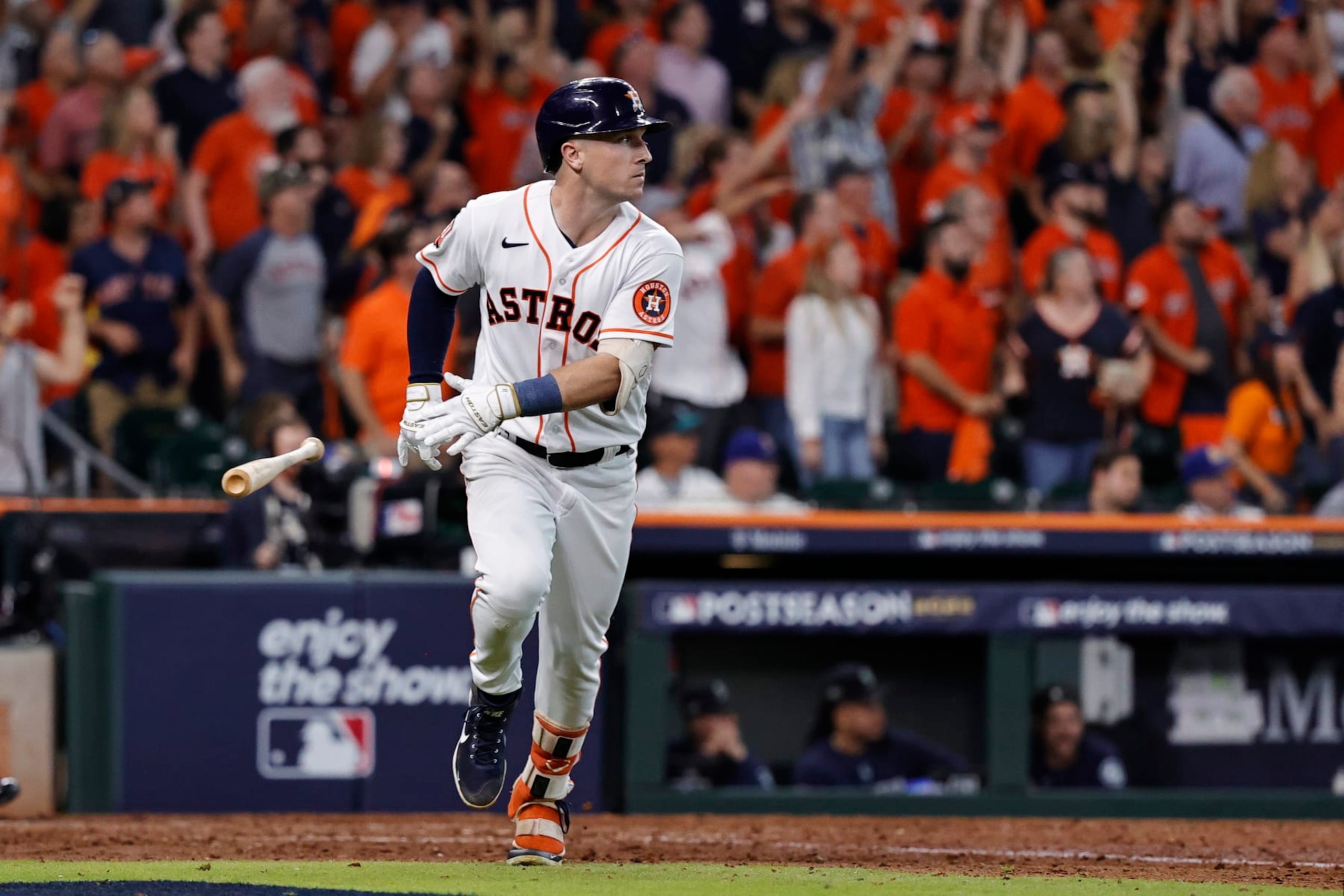 HOUSTON, TEXAS - OCTOBER 11: Alex Bregman #2 of the Houston Astros hits a two-run home run against the Seattle Mariners during the eighth inning in game one of the American League Division Series at Minute Maid Park on October 11, 2022 in Houston, Texas. (Photo by Bob Levey/Getty Images)