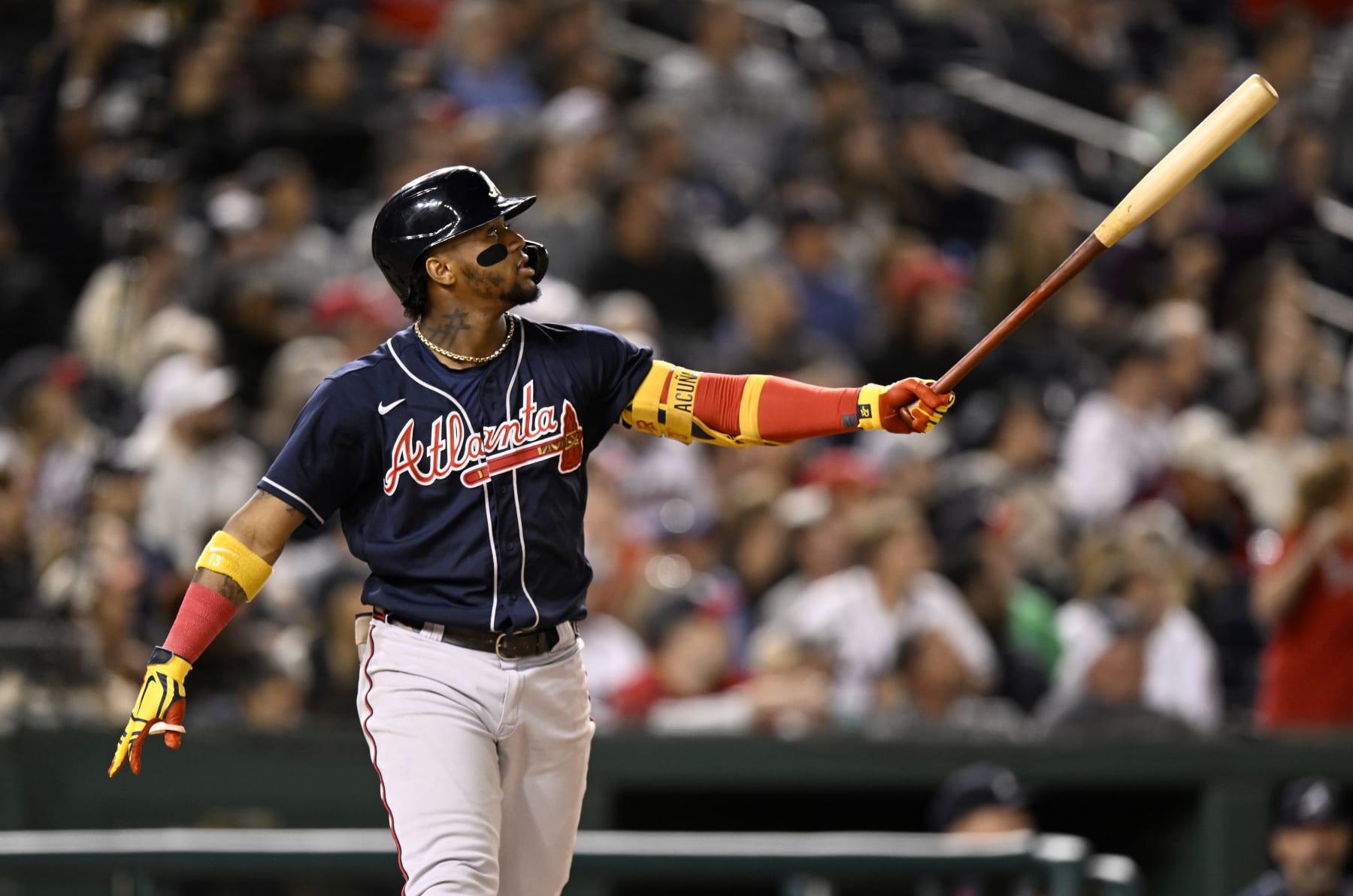 WASHINGTON, DC - SEPTEMBER 27: Ronald Acuna Jr. #13 of the Atlanta Braves hits a home run in the seventh inning against the Washington Nationals at Nationals Park on September 27, 2022 in Washington, DC. (Photo by Greg Fiume/Getty Images)