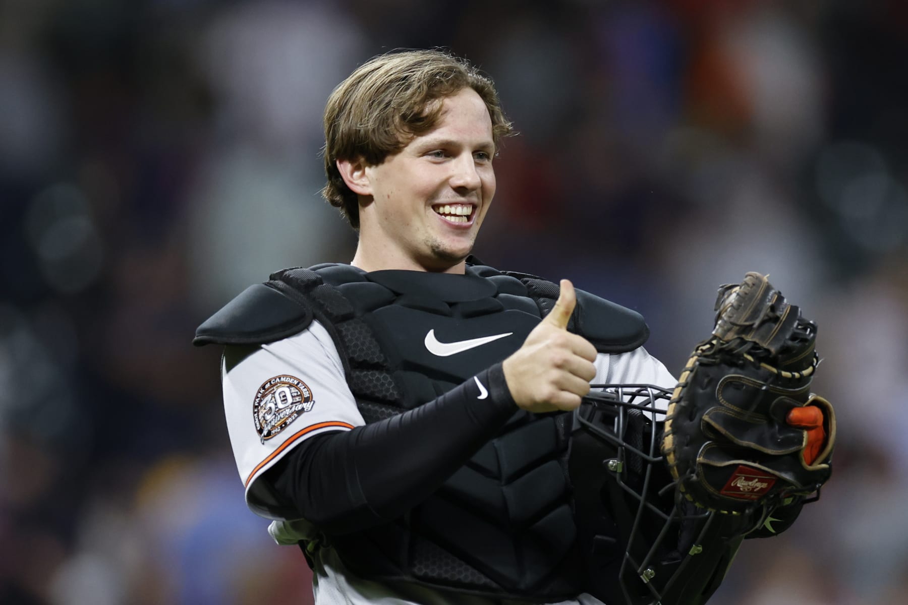 Baltimore Orioles catcher Adley Rutschman celebrates a 3-0 win against the Cleveland Guardians in a baseball game Thursday, Sept. 1, 2022, in Cleveland. (AP Photo/Ron Schwane)