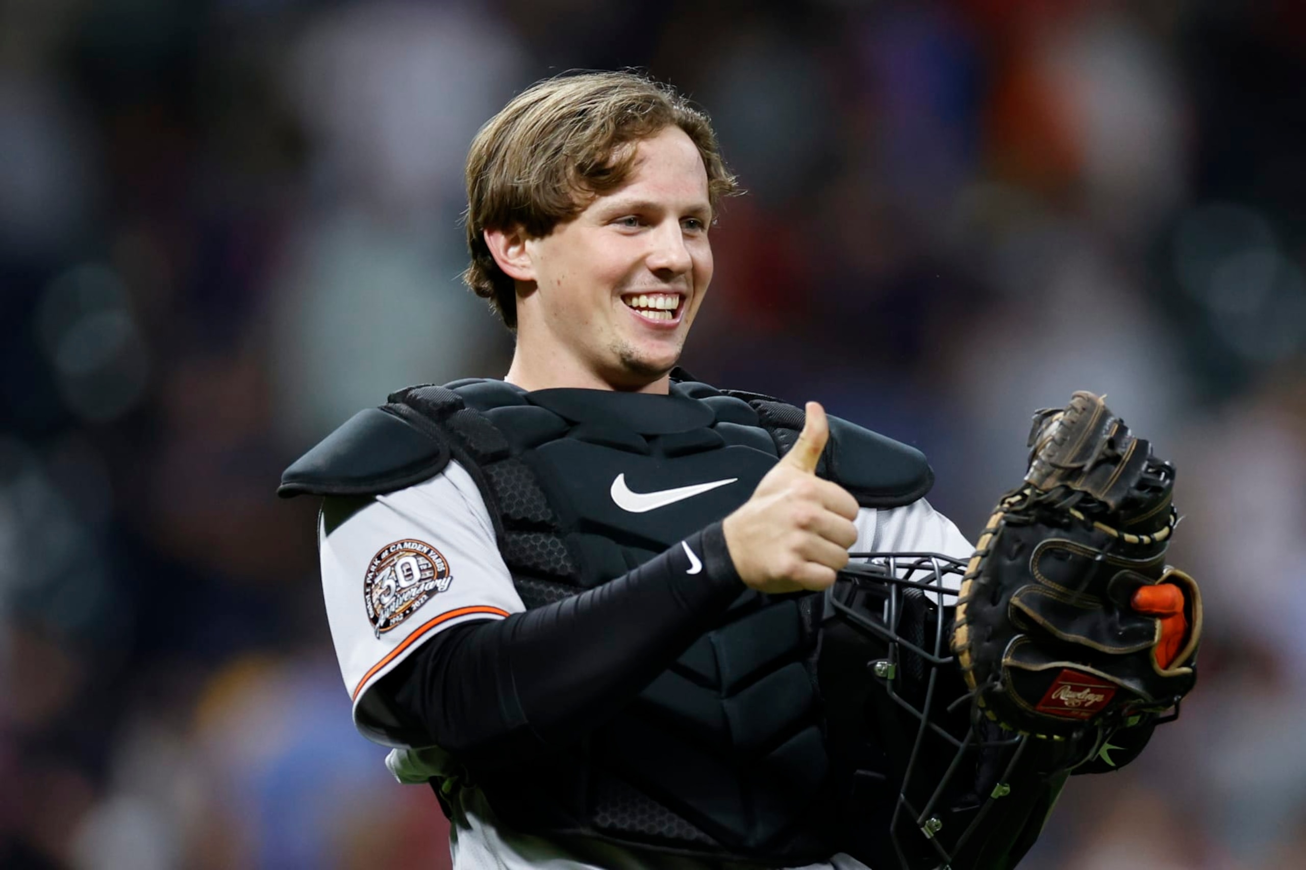 Baltimore Orioles catcher Adley Rutschman celebrates a 3-0 win against the Cleveland Guardians in a baseball game Thursday, Sept. 1, 2022, in Cleveland. (AP Photo/Ron Schwane)