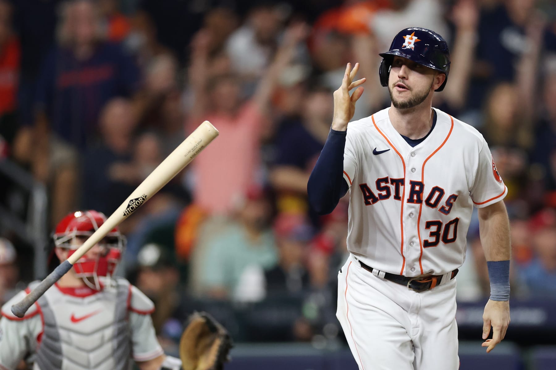 HOUSTON, TEXAS - OCTOBER 28: Kyle Tucker #30 of the Houston Astros hits a home run in the second inning against the Philadelphia Phillies in Game One of the 2022 World Series at Minute Maid Park on October 28, 2022 in Houston, Texas. (Photo by Sean M. Haffey/Getty Images)