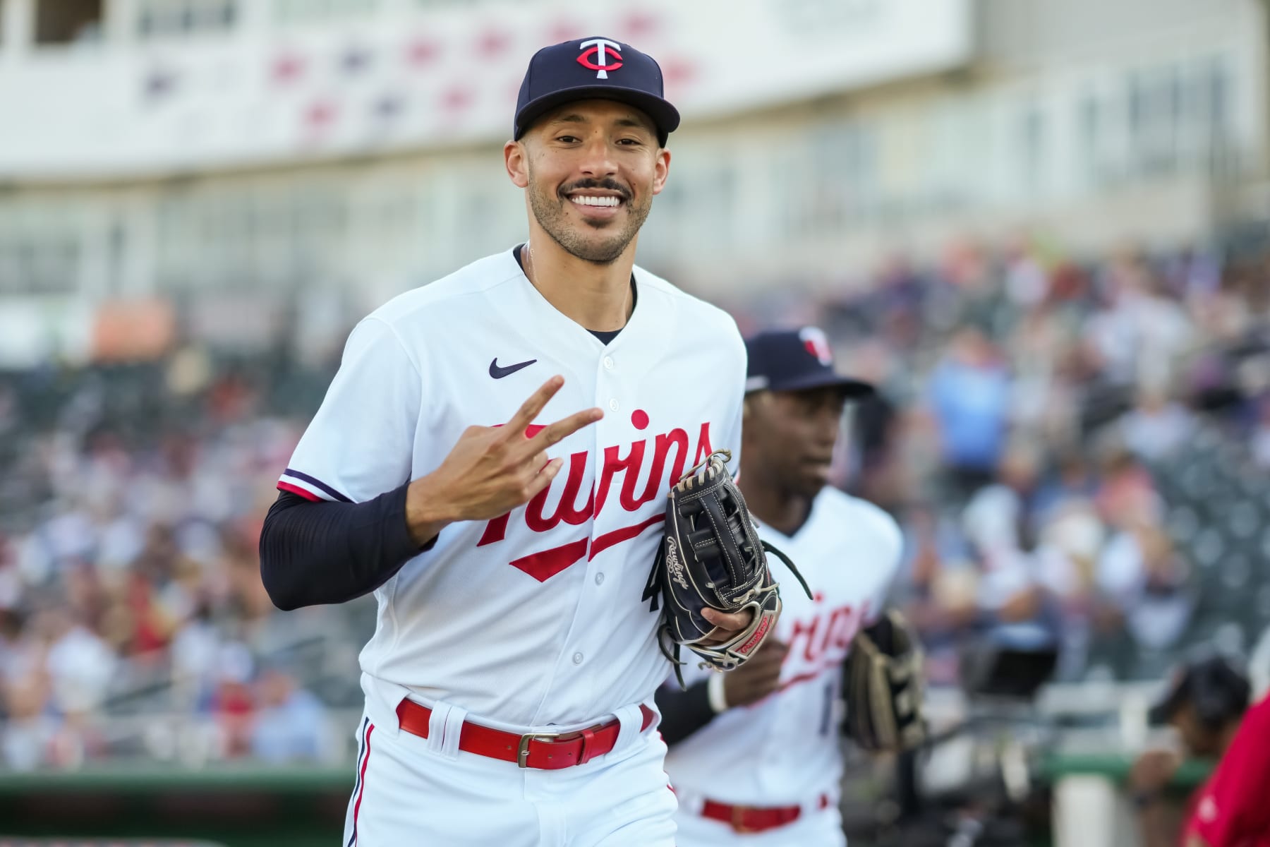 FORT MYERS, FL- MARCH 21: Carlos Correa #4 of the Minnesota Twins looks on and poses for a photo during a spring training game against the Tampa Bay Rays on March 21, 2023 at Hammond Stadium in Fort Myers, Florida. (Photo by Brace Hemmelgarn/Minnesota Twins/Getty Images)