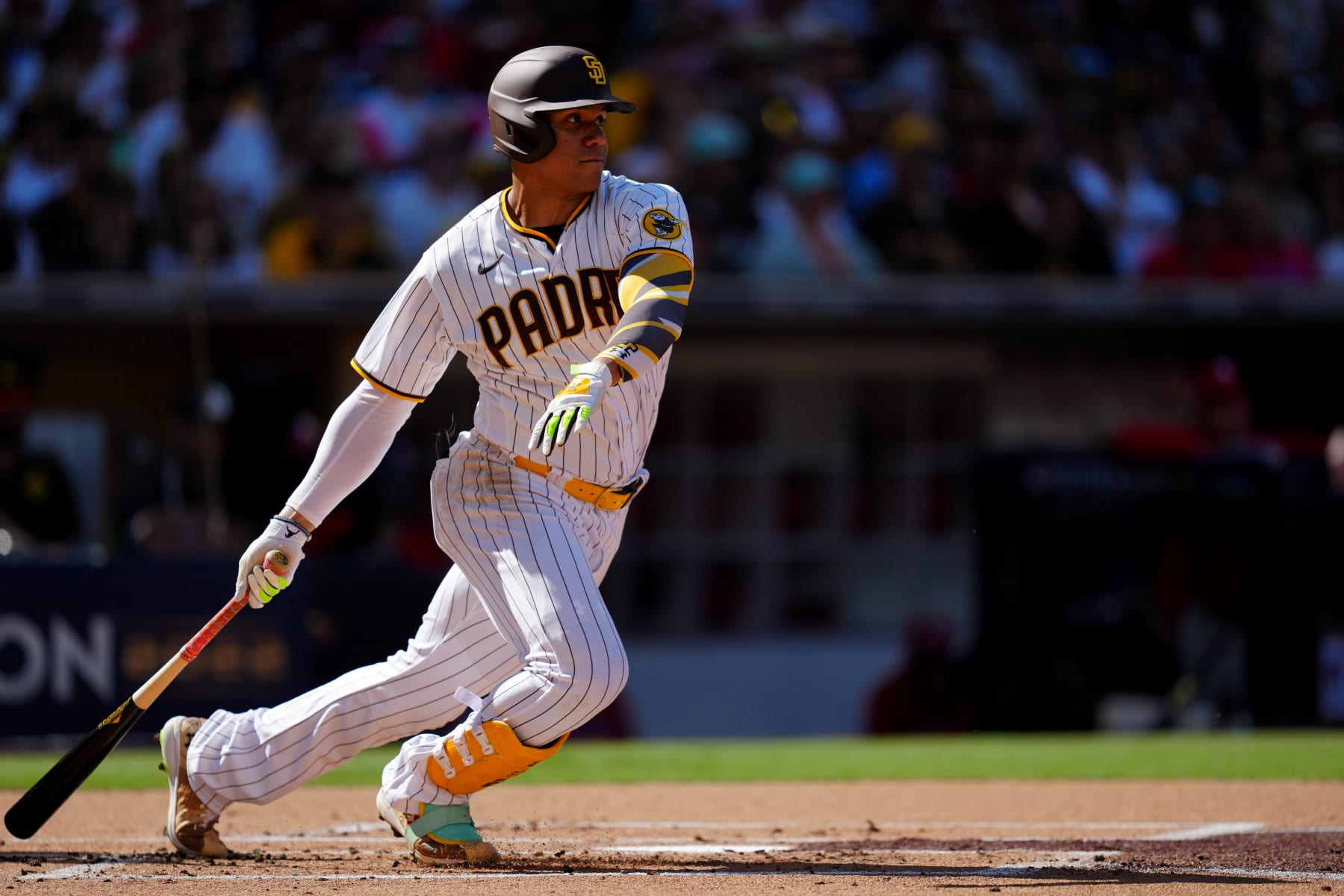 SAN DIEGO, CA - OCTOBER 19: Juan Soto #22 of the San Diego Padres bats during Game 2 of the NLCS between the Philadelphia Phillies and the San Diego Padres at Petco Park on Wednesday, October 19, 2022 in San Diego, California. (Photo by Daniel Shirey/MLB Photos via Getty Images)