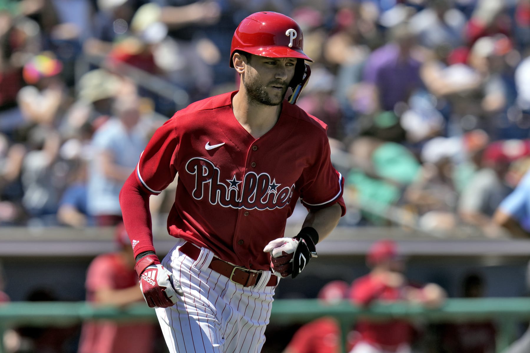 Philadelphia Phillies' Trea Turner runs the bases following his two-run home run off Detroit Tigers starting pitcher Joey Wentz during the fifth inning of a spring training baseball game Thursday, March 23, 2023, in Clearwater, Fla. (AP Photo/Chris O'Meara)