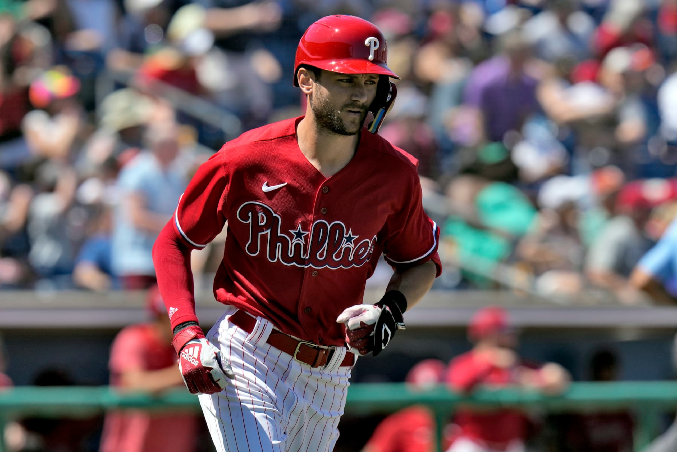 Philadelphia Phillies' Trea Turner runs the bases following his two-run home run off Detroit Tigers starting pitcher Joey Wentz during the fifth inning of a spring training baseball game Thursday, March 23, 2023, in Clearwater, Fla. (AP Photo/Chris O'Meara)