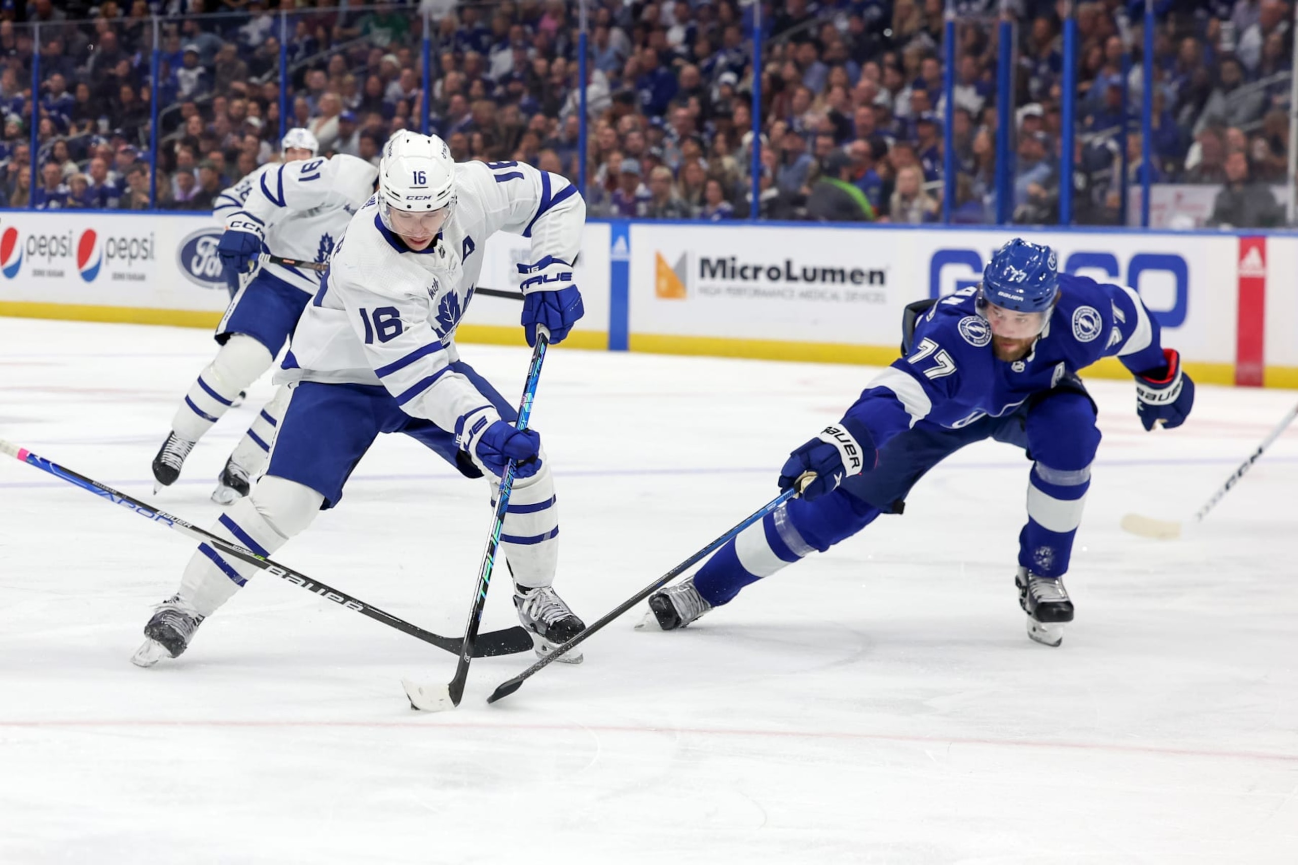 Toronto's Mitchell Marner and Tampa Bay's Victor Hedman