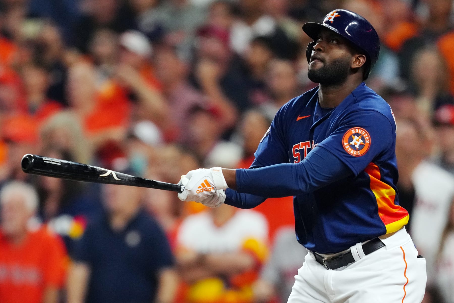 HOUSTON, TX - OCTOBER 29:  Yordan Alvarez #44 of the Houston Astros hits a RBI double in the first inning during Game 2 of the 2022 World Series between the Philadelphia Phillies and the Houston Astros at Minute Maid Park on Saturday, October 29, 2022 in Houston, Texas. (Photo by Daniel Shirey/MLB Photos via Getty Images)