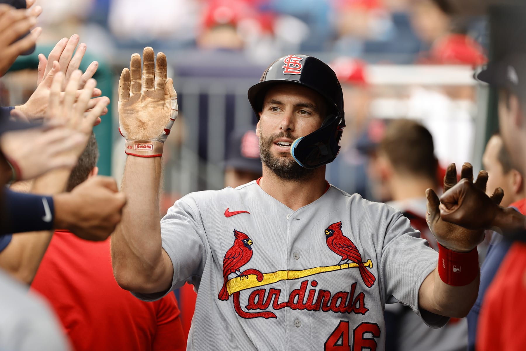 PHILADELPHIA, PENNSYLVANIA - JULY 01: Paul Goldschmidt #46 of the St. Louis Cardinals celebrates with teammates after scoring during the first inning against the St. Louis Cardinals at Citizens Bank Park on July 01, 2022 in Philadelphia, Pennsylvania. (Photo by Tim Nwachukwu/Getty Images)