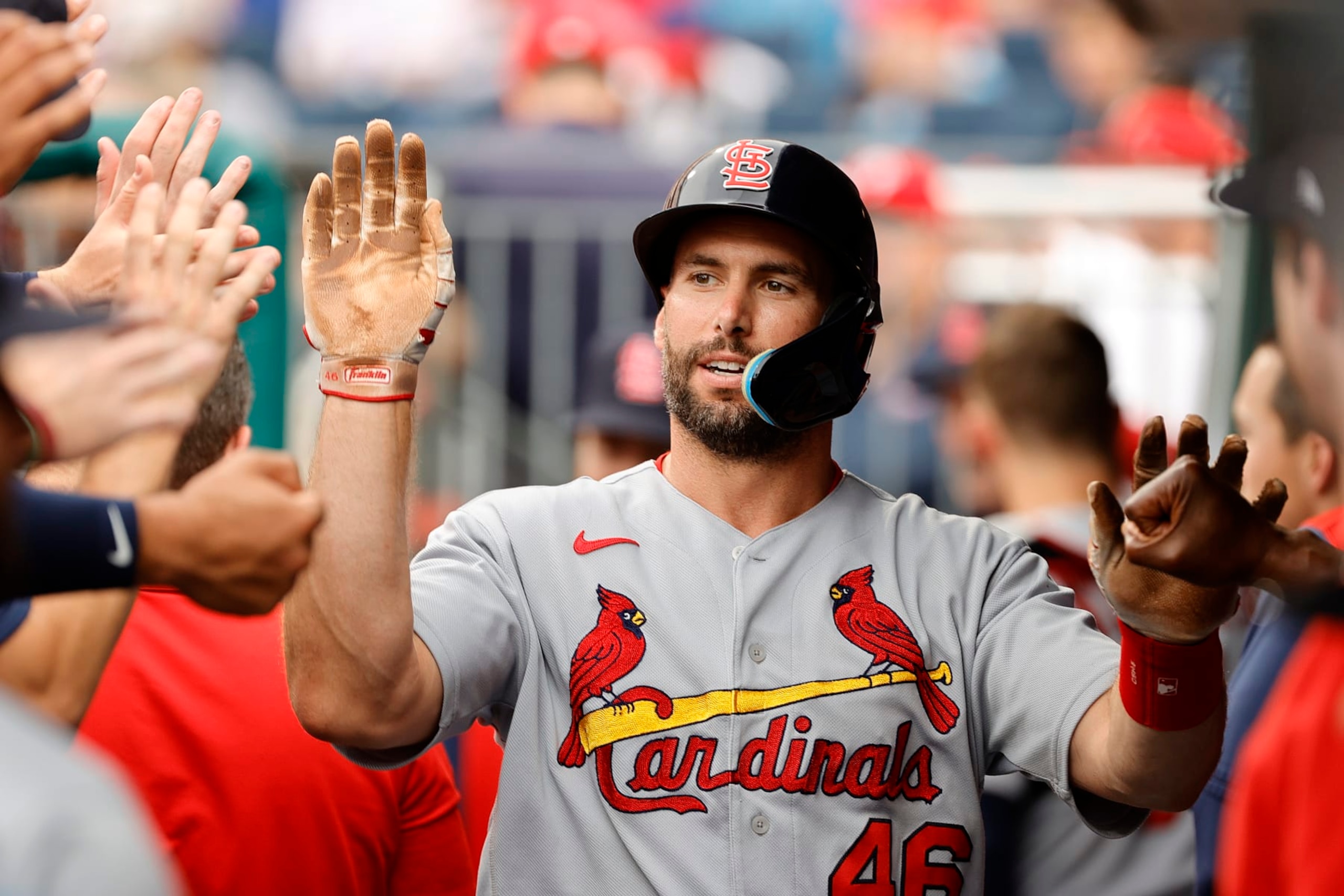PHILADELPHIA, PENNSYLVANIA - JULY 01: Paul Goldschmidt #46 of the St. Louis Cardinals celebrates with teammates after scoring during the first inning against the St. Louis Cardinals at Citizens Bank Park on July 01, 2022 in Philadelphia, Pennsylvania. (Photo by Tim Nwachukwu/Getty Images)