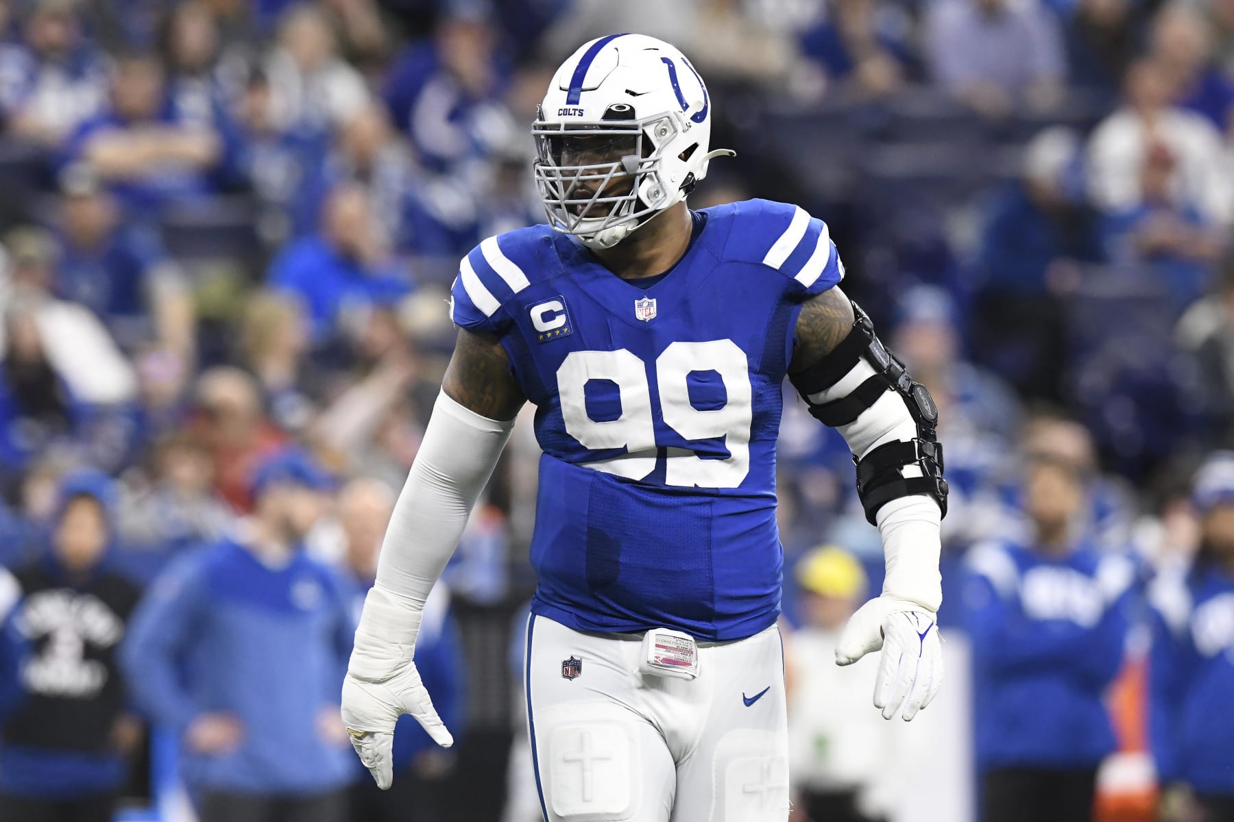 INDIANAPOLIS, IN - JANUARY 08: Indianapolis Colts defensive tackle DeForest Buckner (99) waits for play to resume during the game between the Houston Texans and the Indianapolis Colts on January 8, 2023, at Lucas Oil Stadium in Indianapolis, Indiana. (Photo by Michael Allio/Icon Sportswire via Getty Images)