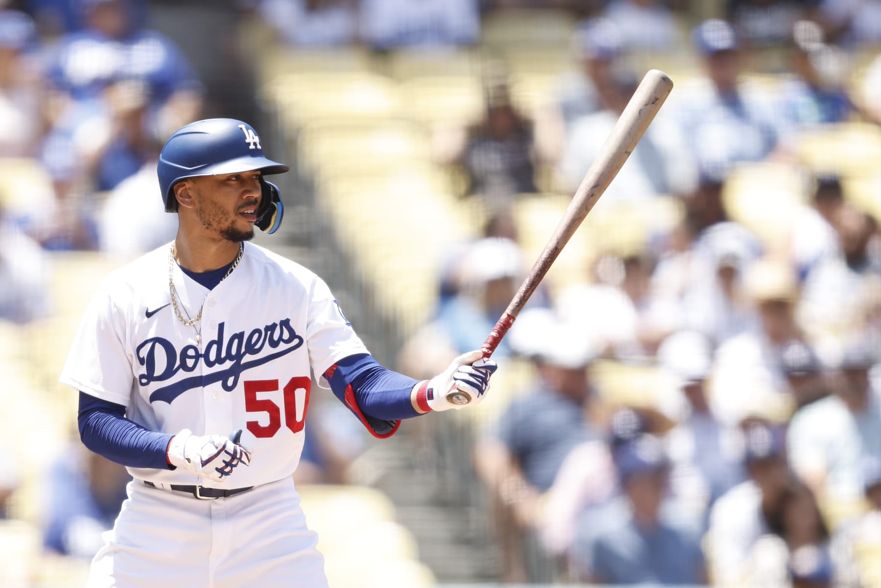LOS ANGELES, CALIFORNIA - JULY 27: Mookie Betts #50 of the Los Angeles Dodgers at bat against the Washington Nationals during the fourth inning at Dodger Stadium on July 27, 2022 in Los Angeles, California. (Photo by Michael Owens/Getty Images)