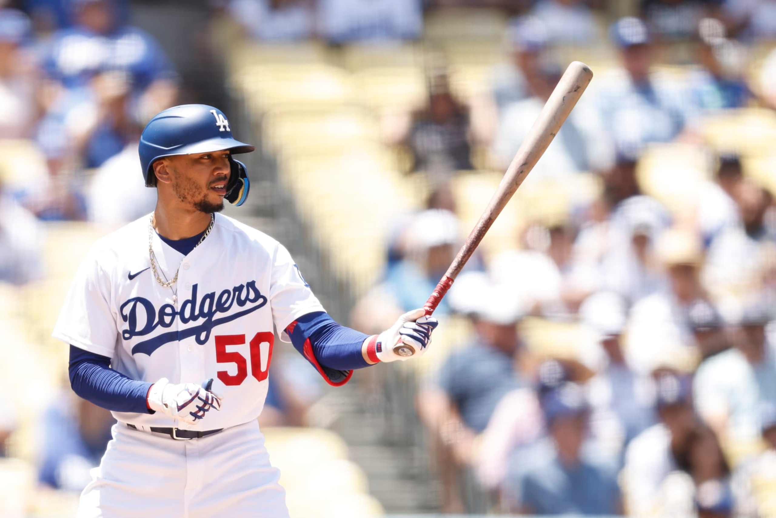 LOS ANGELES, CALIFORNIA - JULY 27: Mookie Betts #50 of the Los Angeles Dodgers at bat against the Washington Nationals during the fourth inning at Dodger Stadium on July 27, 2022 in Los Angeles, California. (Photo by Michael Owens/Getty Images)