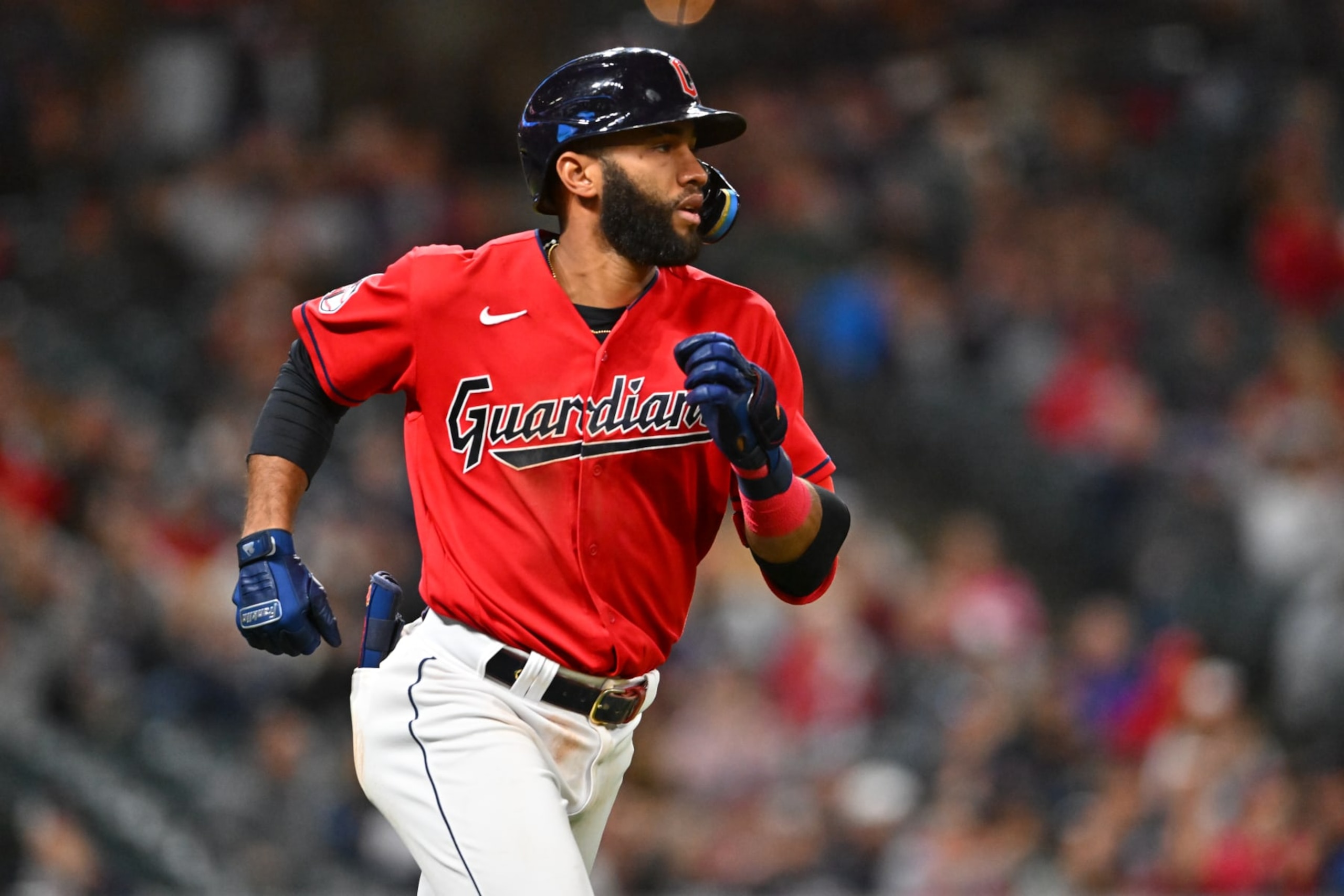 CLEVELAND, OHIO - OCTOBER 04: Amed Rosario #1 of the Cleveland Guardians runs out a single during the fifth inning against the Kansas City Royals at Progressive Field on October 04, 2022 in Cleveland, Ohio. (Photo by Jason Miller/Getty Images)
