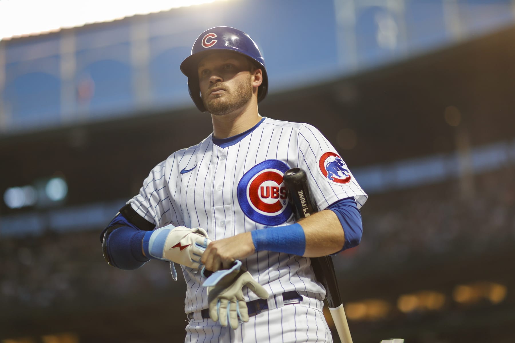 CHICAGO, IL - AUGUST 24: Chicago Cubs left fielder Ian Happ (8) looks on during a regular season game between the St. Louis Cardinals and Chicago Cubs on August 24, 2022, at Wrigley Field in Chicago, IL. (Photo by Brandon Sloter/Icon Sportswire via Getty Images)