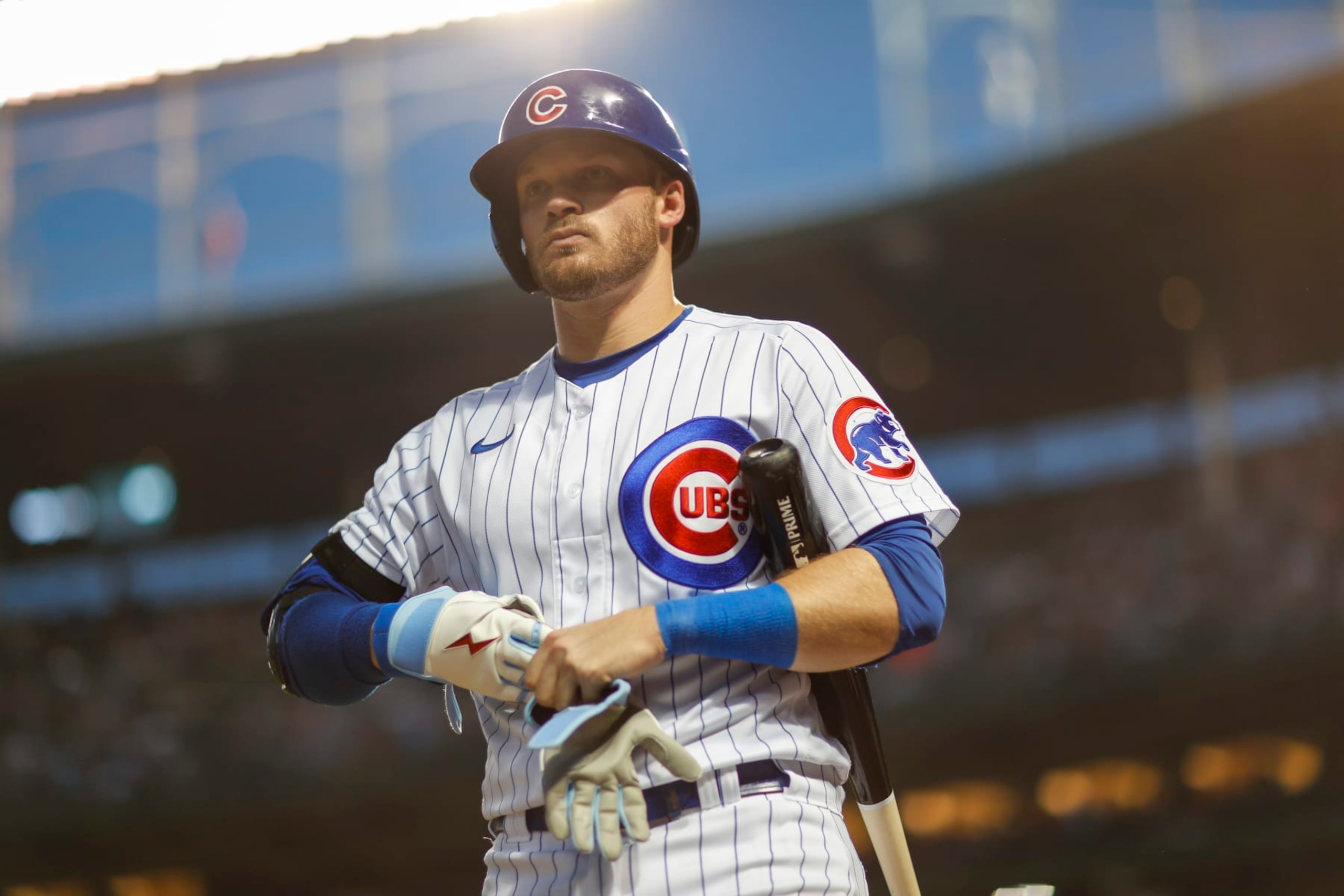 CHICAGO, IL - AUGUST 24: Chicago Cubs left fielder Ian Happ (8) looks on during a regular season game between the St. Louis Cardinals and Chicago Cubs on August 24, 2022, at Wrigley Field in Chicago, IL. (Photo by Brandon Sloter/Icon Sportswire via Getty Images)