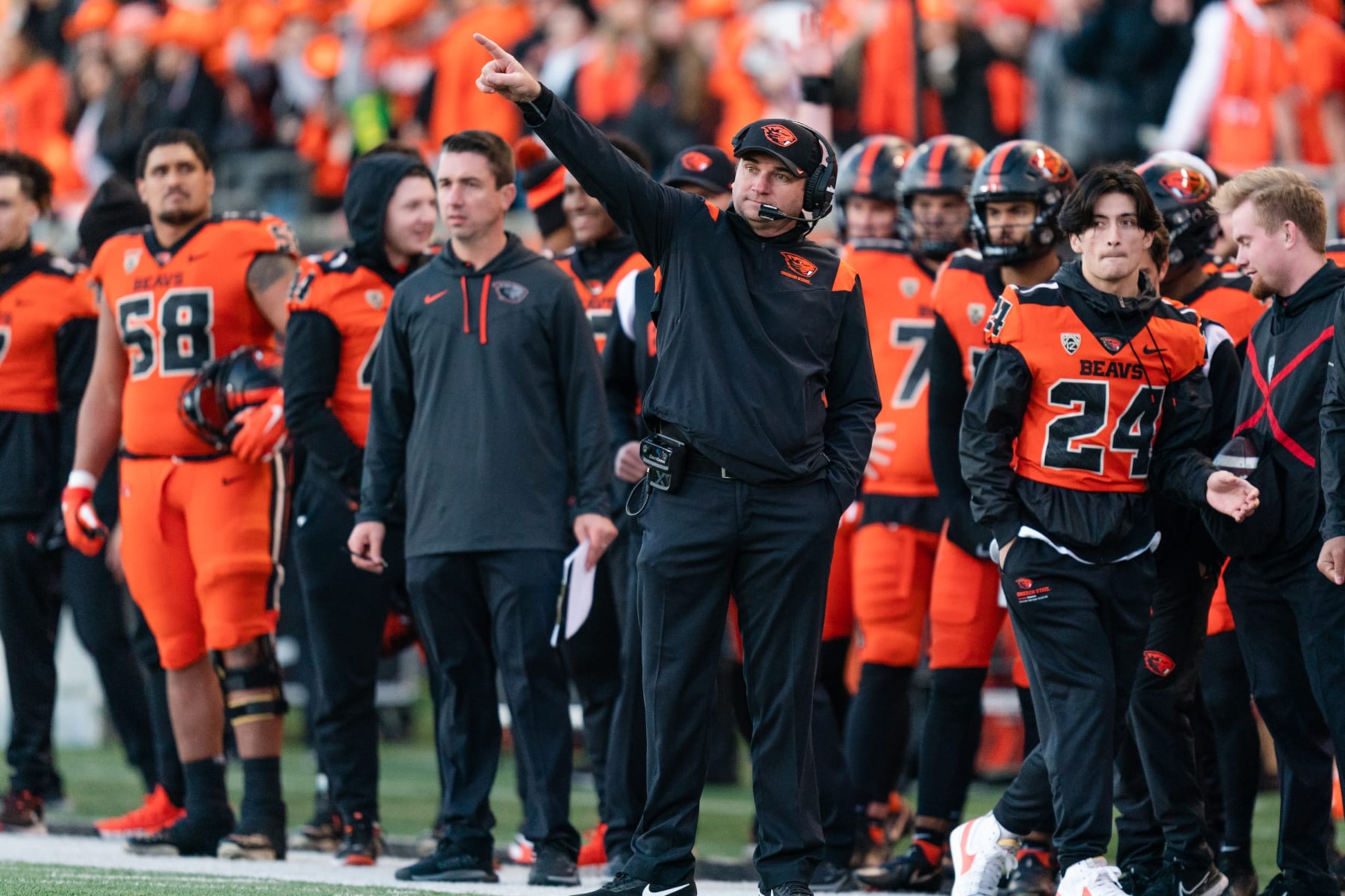 CORVALLIS, OR - NOVEMBER 26:  Head Coach Jonathan Smith of the Oregon State Beavers points from the sidelines during the second half of the game against the Oregon Ducks at Reser Stadium on November 26, 2022 in Corvallis, Oregon. (Photo by Ali Gradischer/Getty Images)