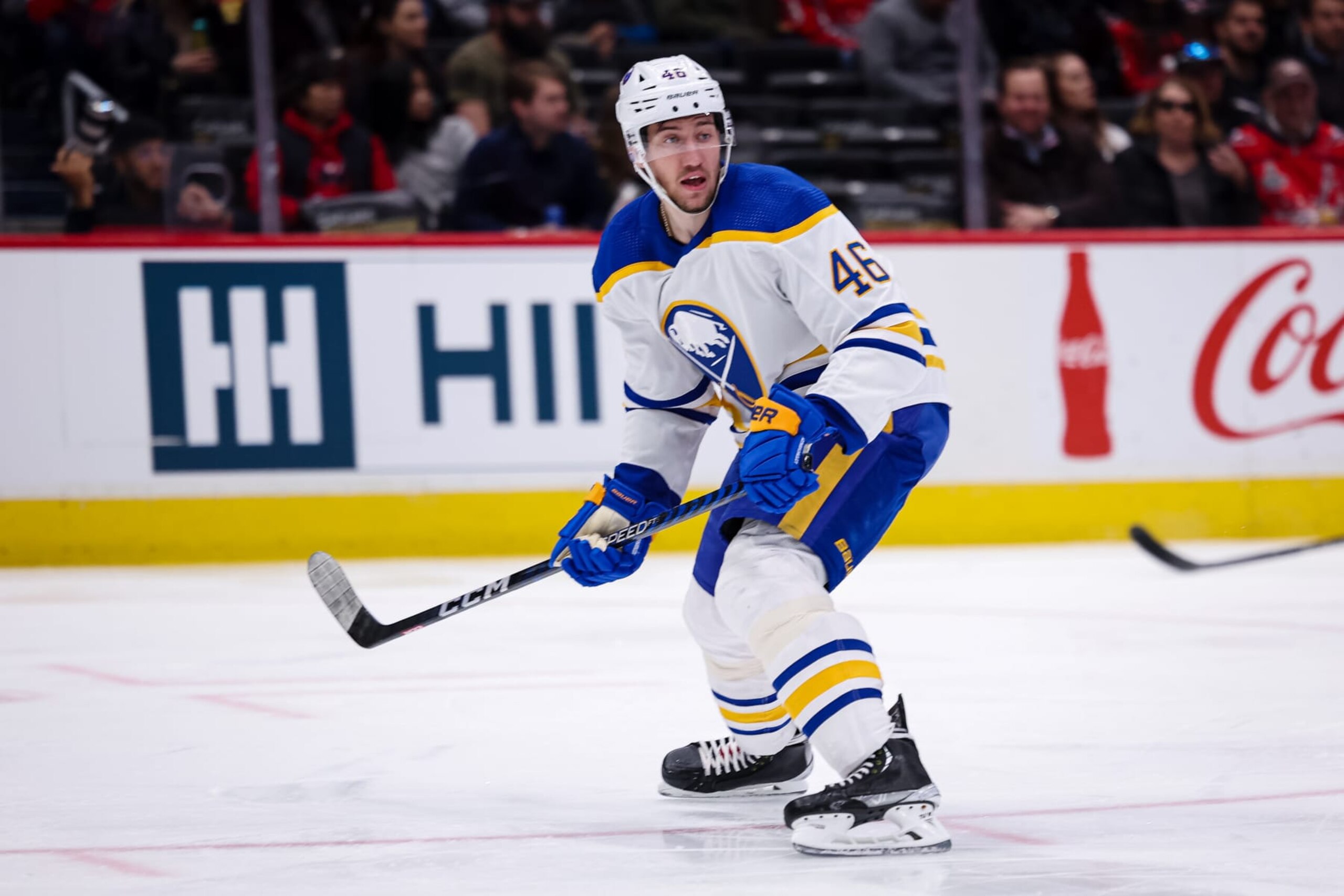 WASHINGTON, DC - MARCH 15: Ilya Lyubushkin #46 of the Buffalo Sabres skates against the Washington Capitals during the second period of the game at Capital One Arena on March 15, 2023 in Washington, DC. (Photo by Scott Taetsch/Getty Images)