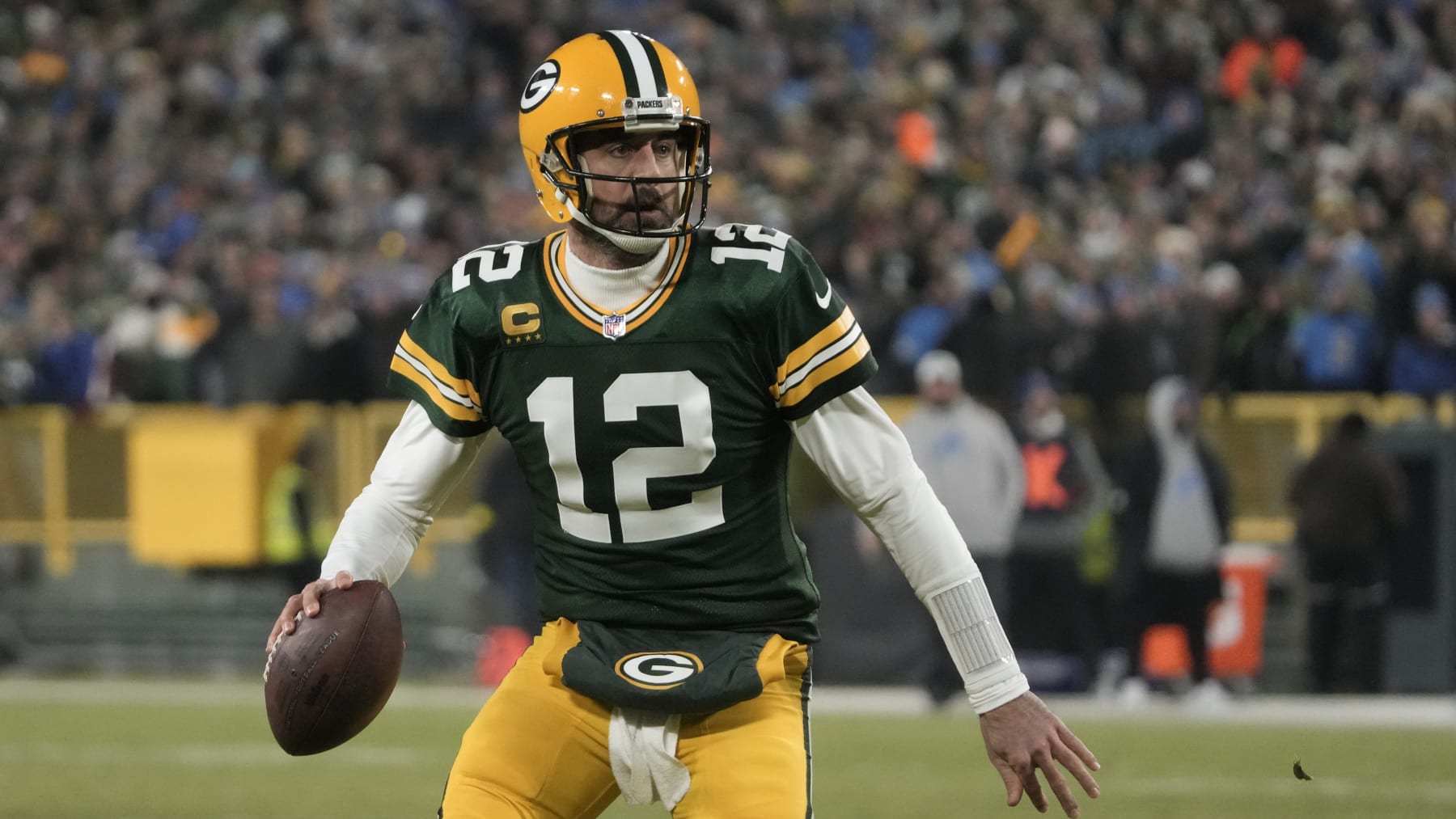Green Bay Packers' Aaron Rodgers during the first half of an NFL football game against the Detroit LionsSunday, Jan. 8, 2023, in Green Bay, Wis. (AP Photo/Morry Gash)