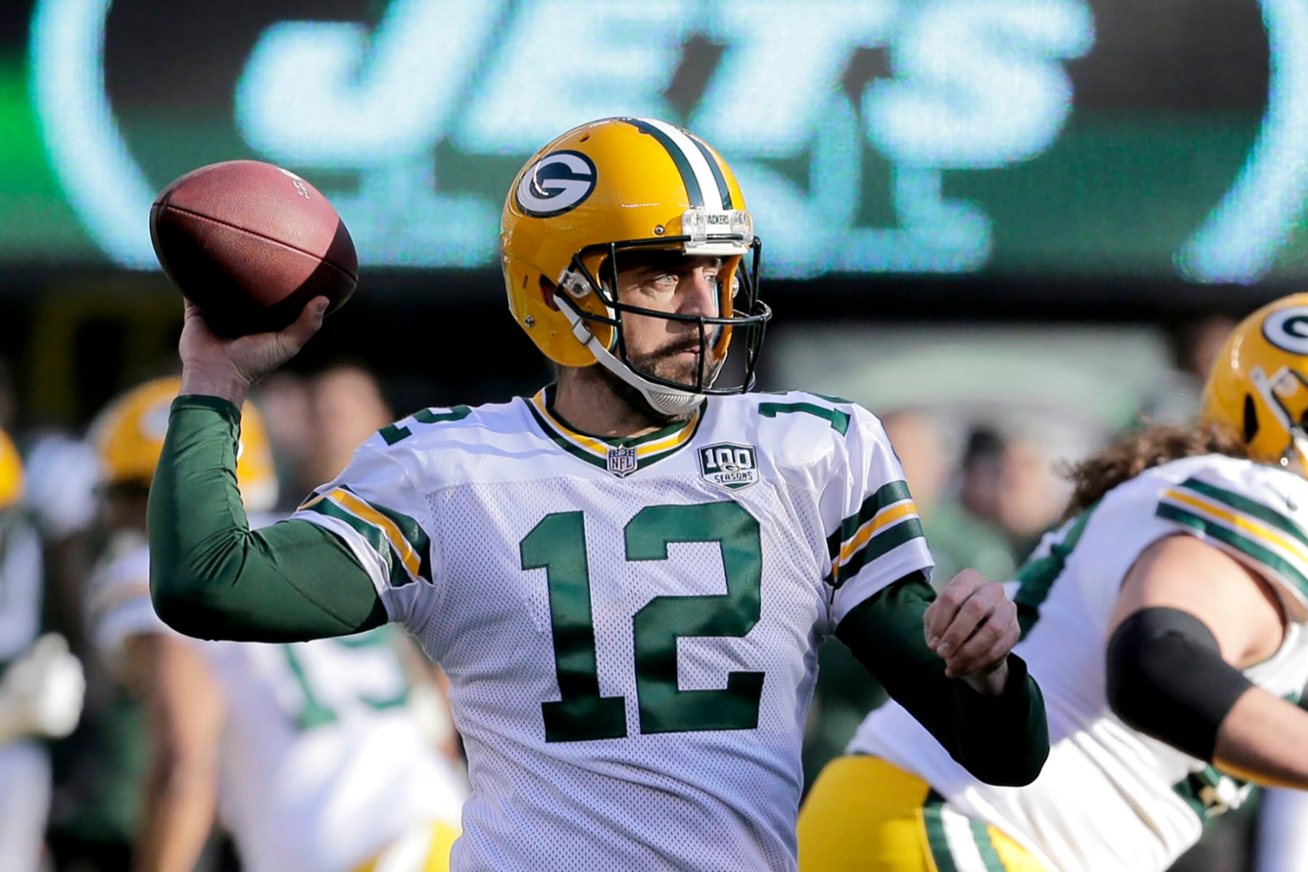 FILE - Green Bay Packers quarterback Aaron Rodgers throws a pass against the New York Jets during the first half of an NFL football game, Sunday, Dec. 23, 2018, in East Rutherford, N.J. Rodgers says his intention is to play for the New York Jets in the coming season as the four-time NFL MVP quarterback waits for the Green Bay Packers to trade him. Rodgers made his comments Wednesday, March 15, 2023, during an appearance on “The Pat McAfee Show.” (AP Photo/Seth Wenig, File)