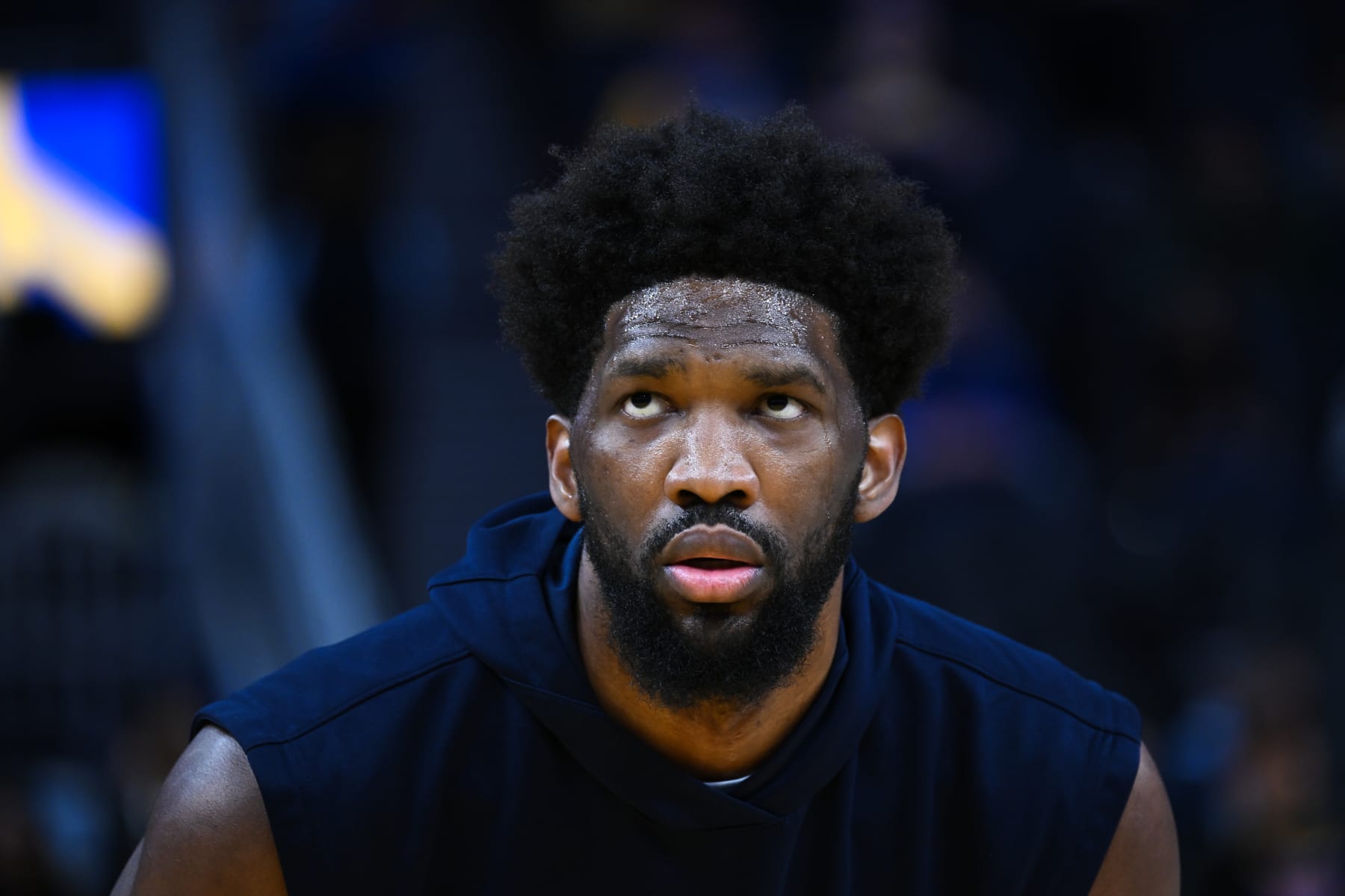 SAN FRANCISCO, CA - MARCH 24: Joel Embiid of Philadelphia 76ers warms up before the NBA game between Philadelphia 76ers and Golden State Warriors at the Chase Center on March 24, 2023 in San Francisco, California, United States. (Photo by Tayfun Coskun/Anadolu Agency via Getty Images)