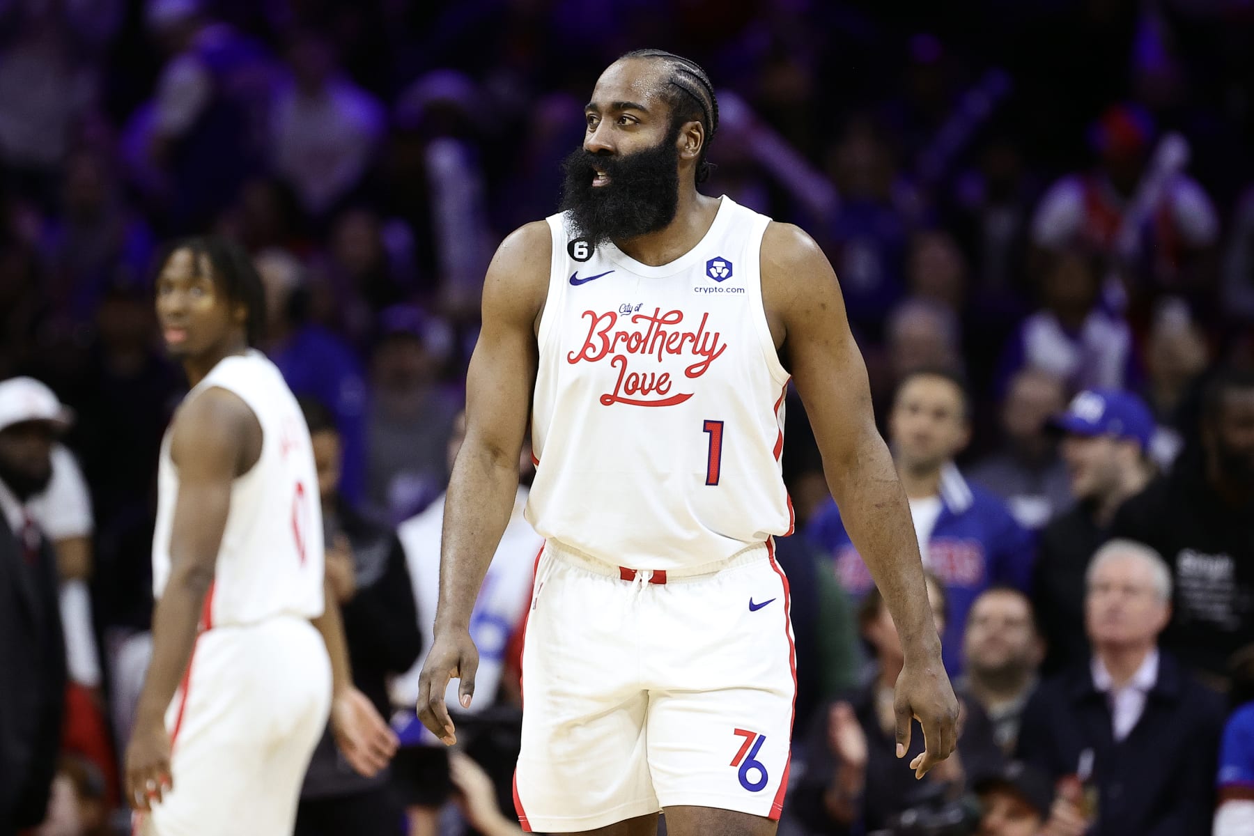 PHILADELPHIA, PENNSYLVANIA - MARCH 20: James Harden #1 of the Philadelphia 76ers looks on during the fourth quarter against the Chicago Bulls at Wells Fargo Center on March 20, 2023 in Philadelphia, Pennsylvania. NOTE TO USER: User expressly acknowledges and agrees that, by downloading and or using this photograph, User is consenting to the terms and conditions of the Getty Images License Agreement. (Photo by Tim Nwachukwu/Getty Images) (Photo by Tim Nwachukwu/Getty Images)