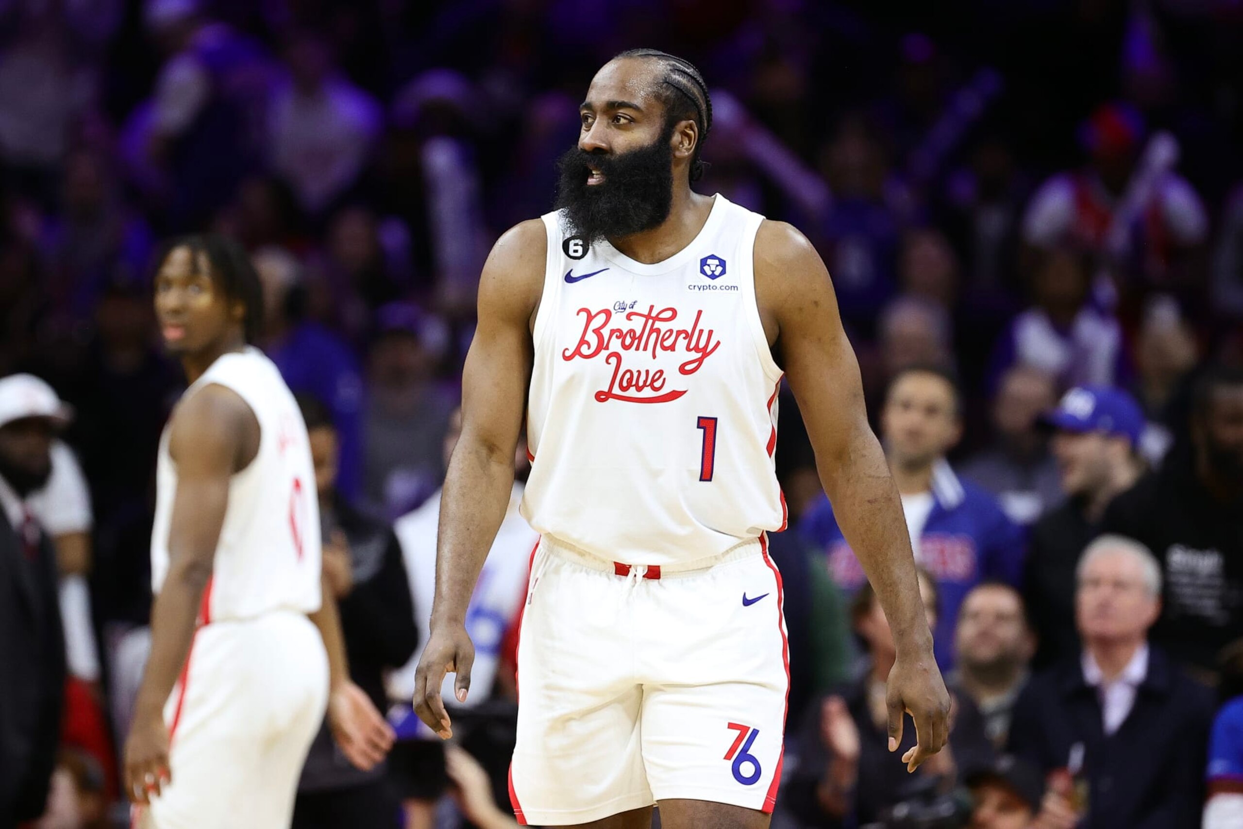PHILADELPHIA, PENNSYLVANIA - MARCH 20: James Harden #1 of the Philadelphia 76ers looks on during the fourth quarter against the Chicago Bulls at Wells Fargo Center on March 20, 2023 in Philadelphia, Pennsylvania. NOTE TO USER: User expressly acknowledges and agrees that, by downloading and or using this photograph, User is consenting to the terms and conditions of the Getty Images License Agreement. (Photo by Tim Nwachukwu/Getty Images) (Photo by Tim Nwachukwu/Getty Images)