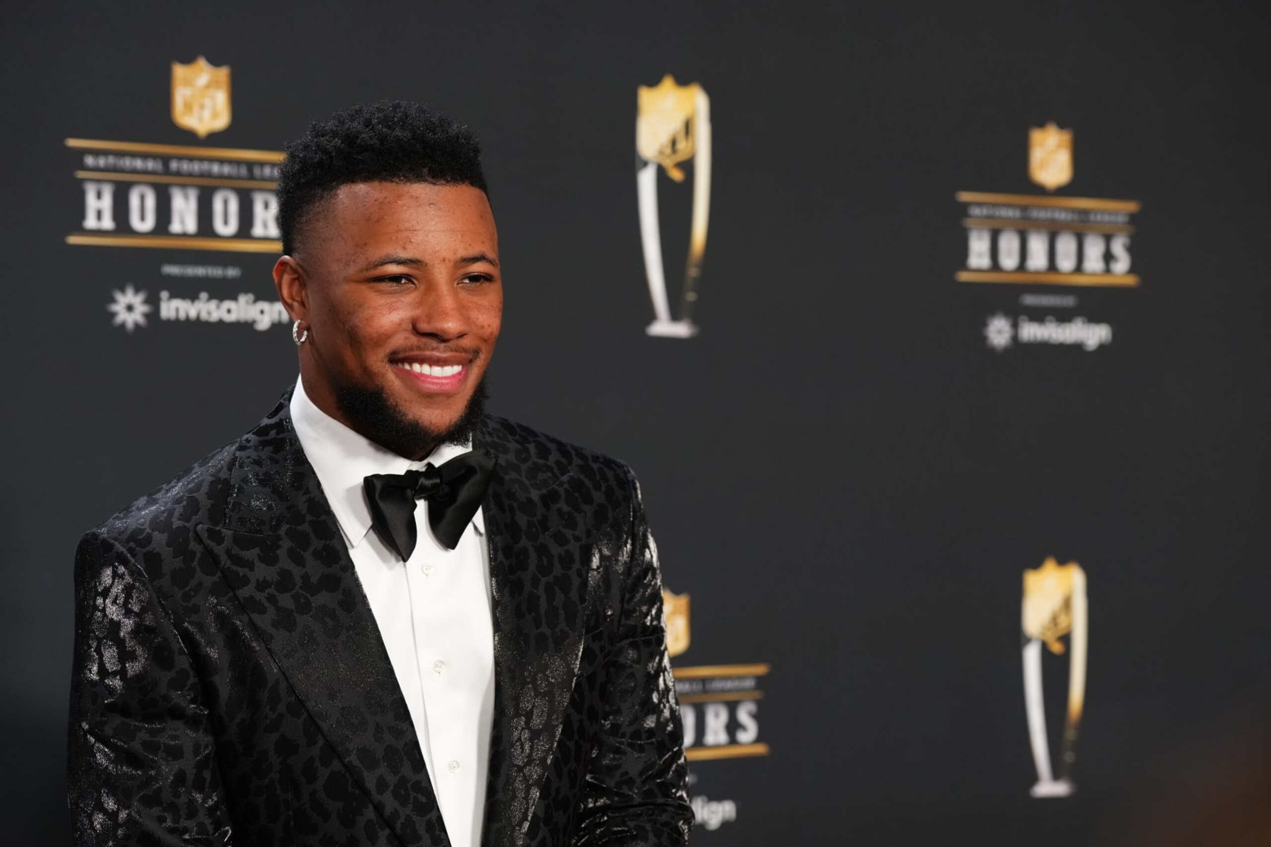PHOENIX, AZ - FEBRUARY 09: Saquon Barkley poses for a photo on the red carpet during NFL Honors at the Symphony Hall on February 9, 2023 in Phoenix, Arizona. (Photo by Cooper Neill/Getty Images)