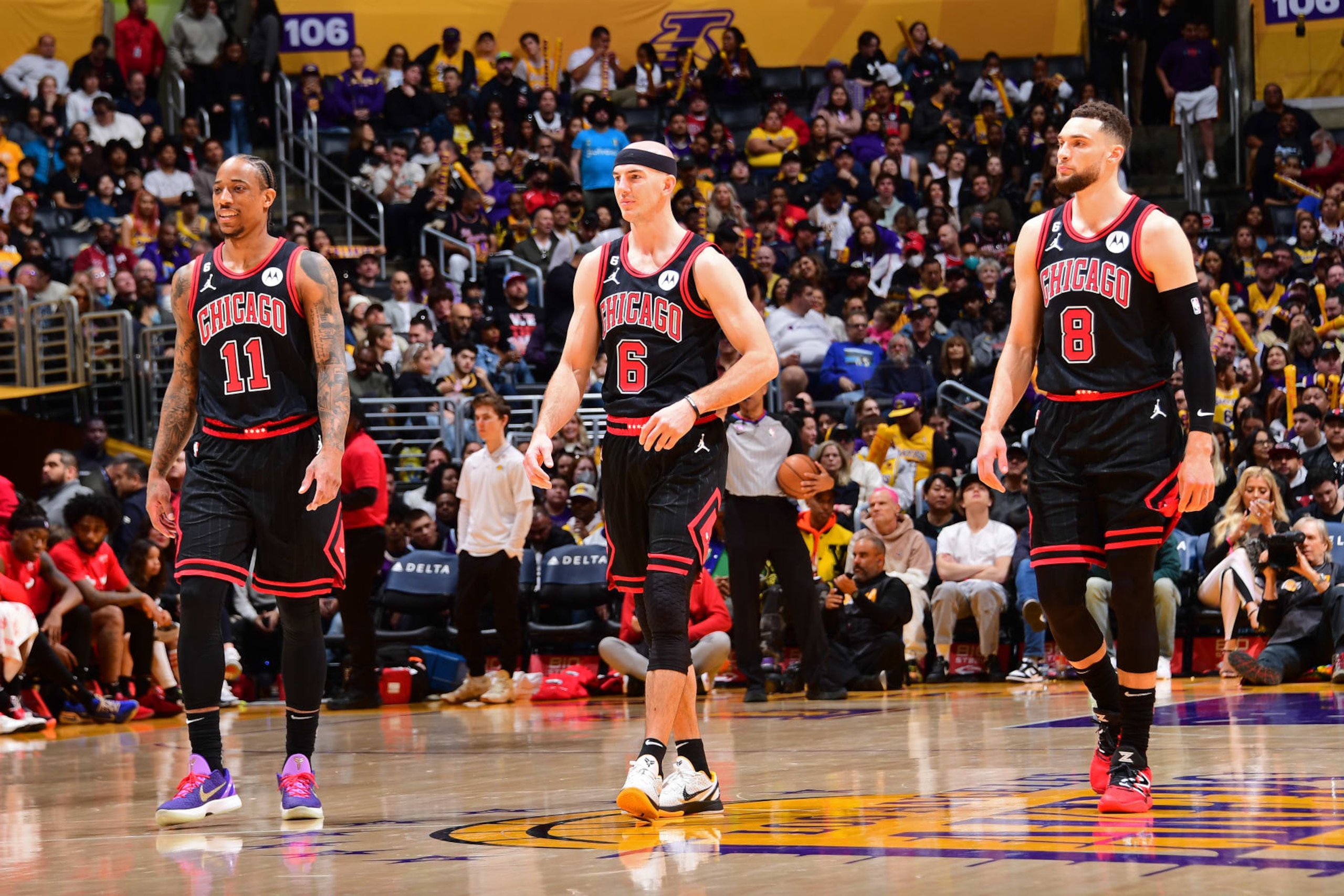 DeMar DeRozan, Alex Caruso and Zach LaVine