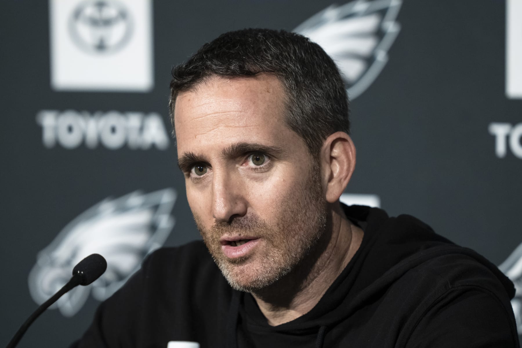 Philadelphia Eagles general manager Howie Roseman speaks with members of the media during a news conference at the NFL football team's training facility in Philadelphia, Thursday, Feb. 16, 2023. (AP Photo/Matt Rourke)