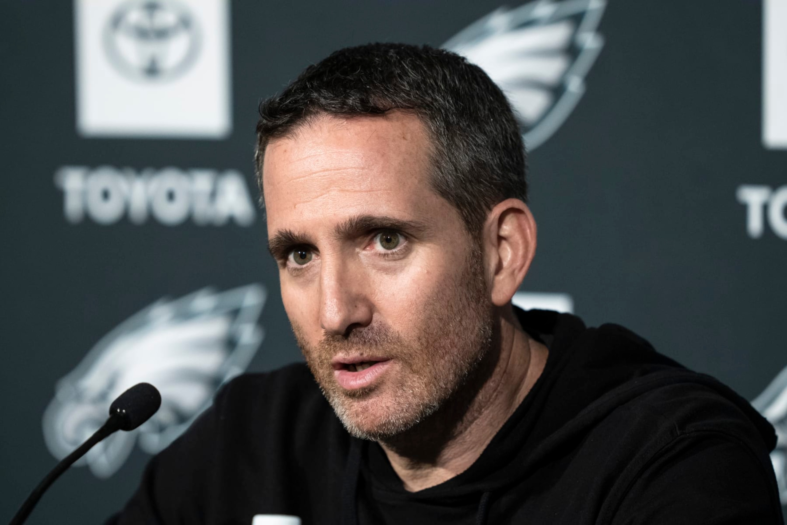 Philadelphia Eagles general manager Howie Roseman speaks with members of the media during a news conference at the NFL football team's training facility in Philadelphia, Thursday, Feb. 16, 2023. (AP Photo/Matt Rourke)