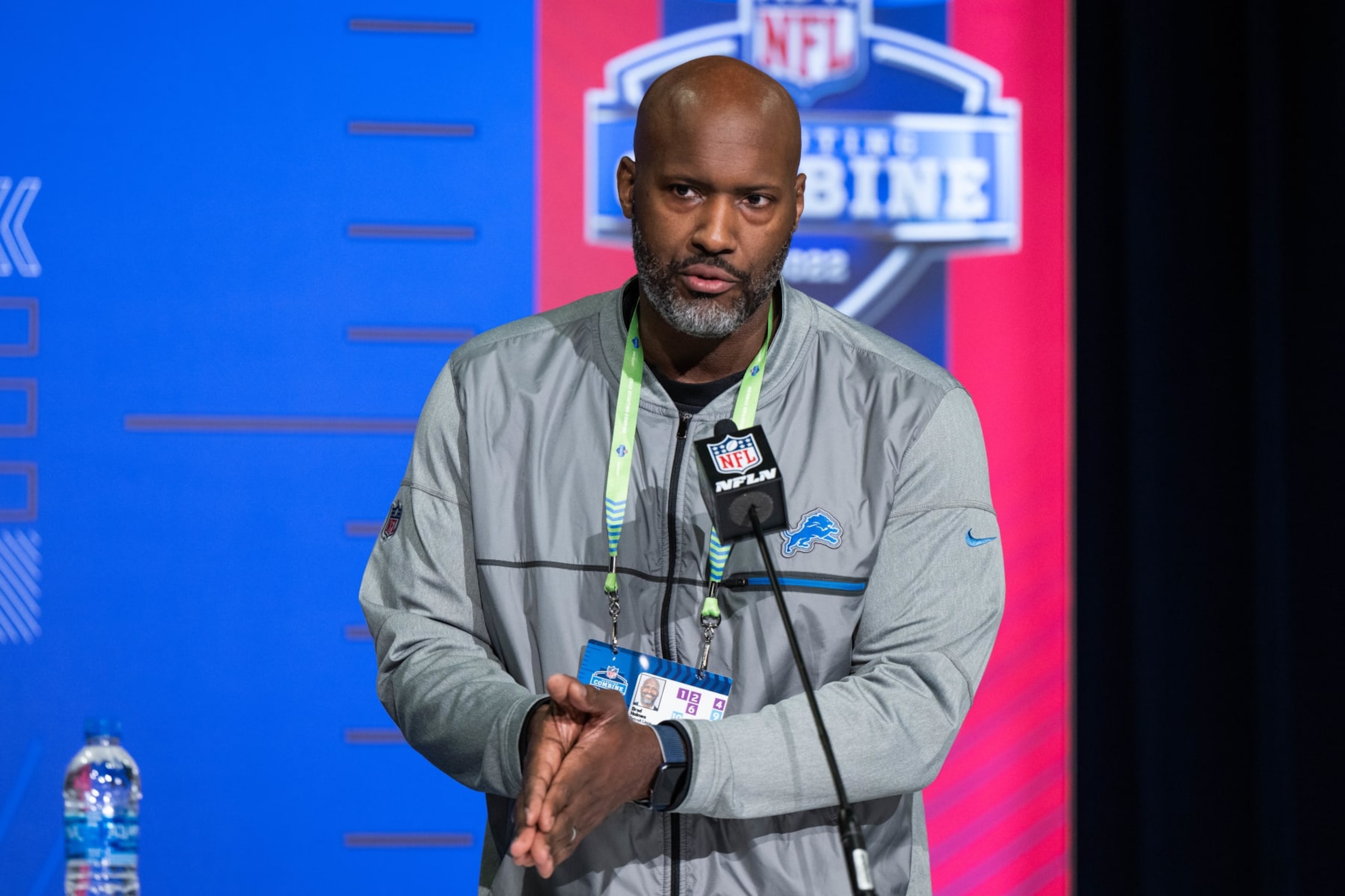 INDIANAPOLIS, IN - MARCH 01: Detroit Lions general manager Brad Holmes answers questions from the media during the NFL Scouting Combine on March 1, 2022, at the Indiana Convention Center in Indianapolis, IN. (Photo by Zach Bolinger/Icon Sportswire via Getty Images)