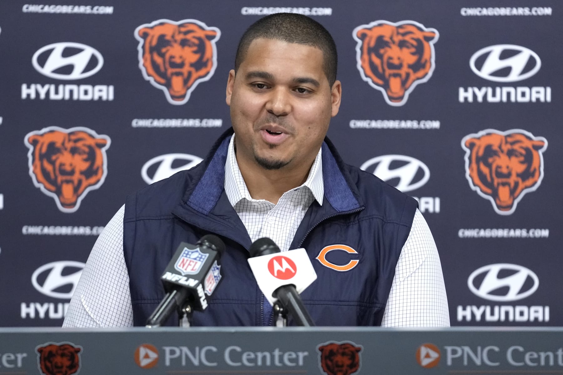 Chicago Bears general manager Ryan Poles smiles as he speaks during an NFL football news conference at Halas Hall in Lake Forest, Ill., Thursday, March 16, 2023. (AP Photo/Nam Y. Huh)