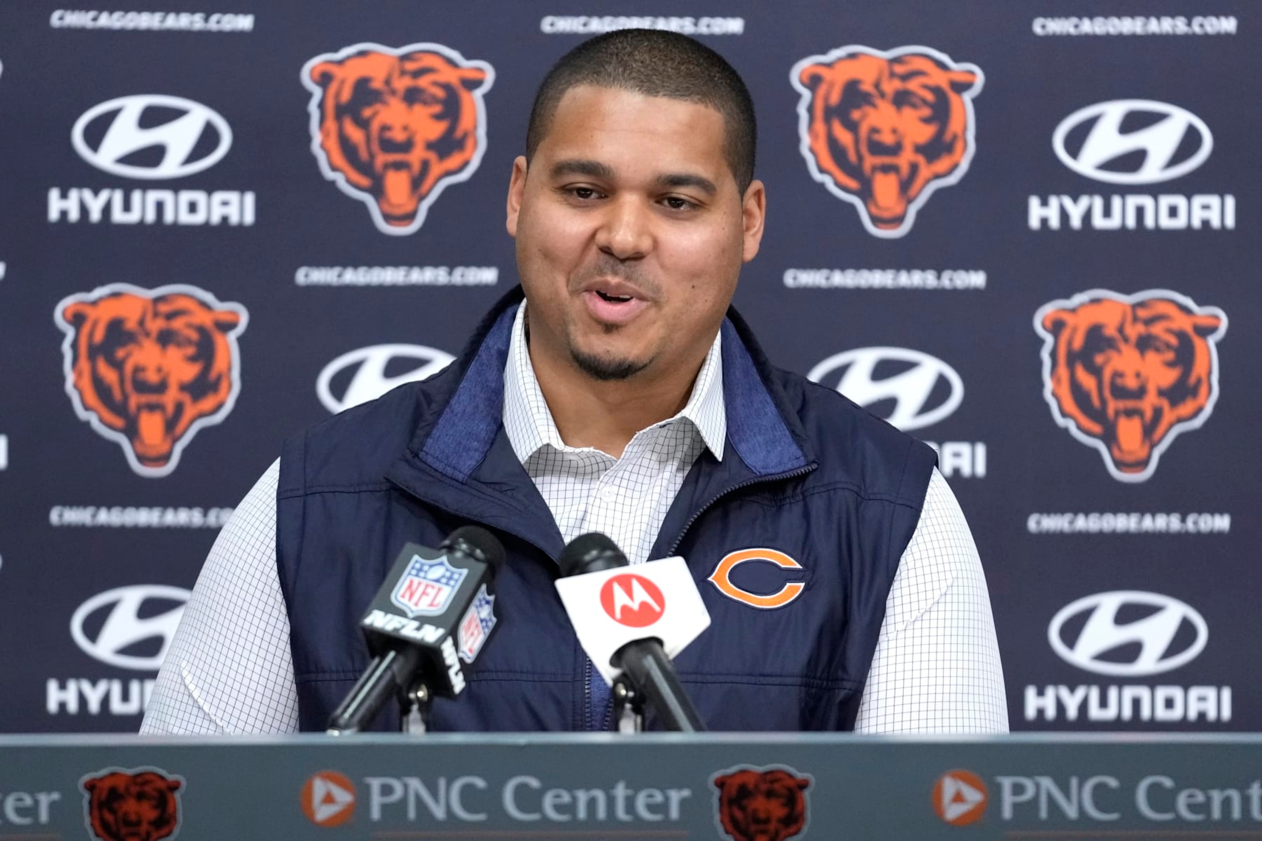Chicago Bears general manager Ryan Poles smiles as he speaks during an NFL football news conference at Halas Hall in Lake Forest, Ill., Thursday, March 16, 2023. (AP Photo/Nam Y. Huh)