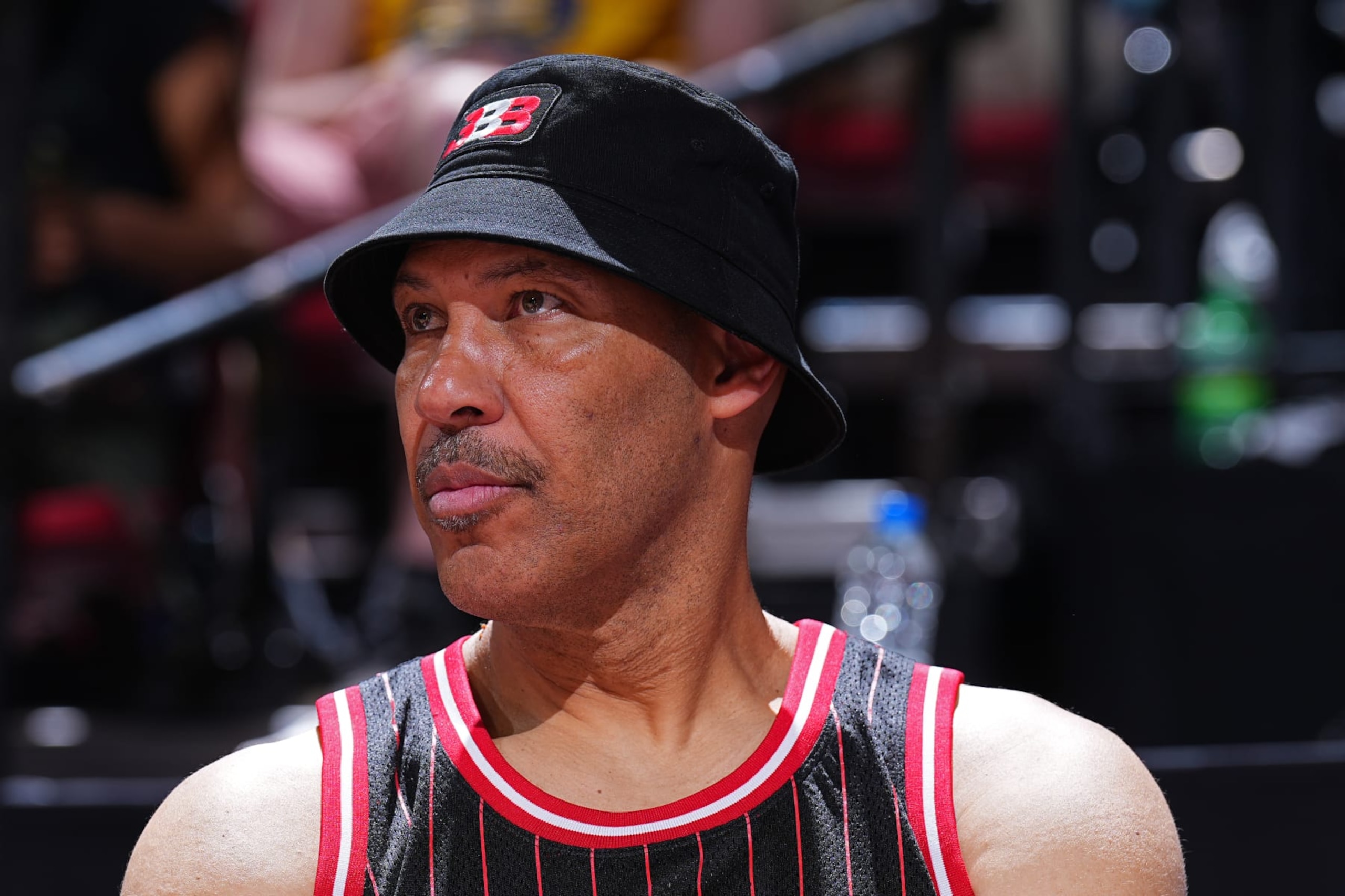Las Vegas, NV - JULY 10: LaVar Ball attends a game between the Charlotte Hornets and the Los Angeles Lakers during the 2022 Las Vegas Summer League on July 10, 2022 at the Thomas & Mack Center in Las Vegas, Nevada. NOTE TO USER: User expressly acknowledges and agrees that, by downloading and/or using this Photograph, user is consenting to the terms and conditions of the Getty Images License Agreement. Mandatory Copyright Notice: Copyright 2022 NBAE (Photo by Garrett Ellwood/NBAE via Getty Images)