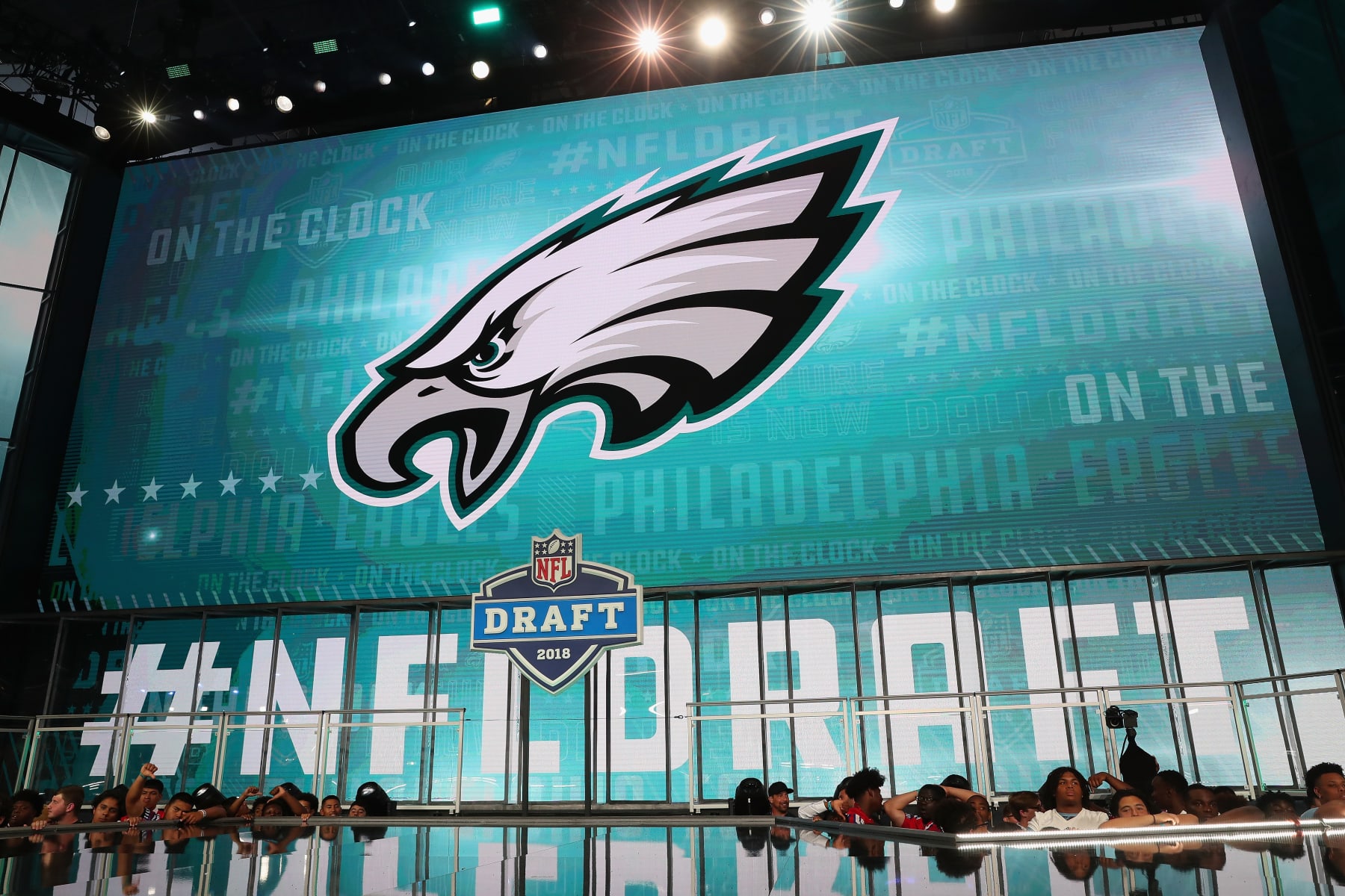 ARLINGTON, TX - APRIL 26:  The Philadelphia Eagles logo is seen on a video board during the first round of the 2018 NFL Draft at AT&T Stadium on April 26, 2018 in Arlington, Texas.  (Photo by Tom Pennington/Getty Images)