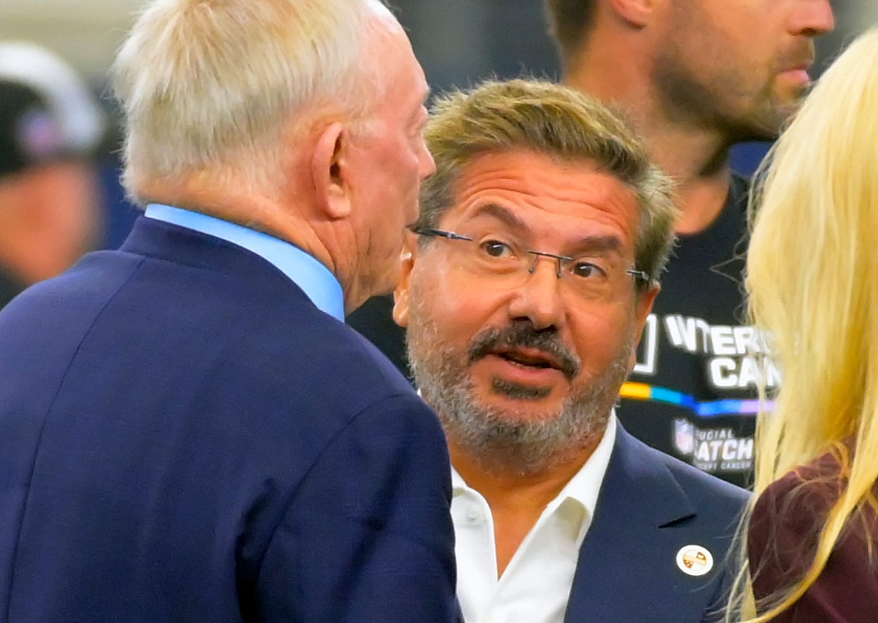 ARLINGTON, TX - OCTOBER 2: Washington Commanders owners Dan Snyder, right, talks to Cowboys owner Jerry Jones, left, before the Dallas Cowboys defeat of the Washington Commanders  25-10 at AT&T Stadium on October 2, 2022 in Arlington, TX. (Photo by John McDonnell/The Washington Post via Getty Images)