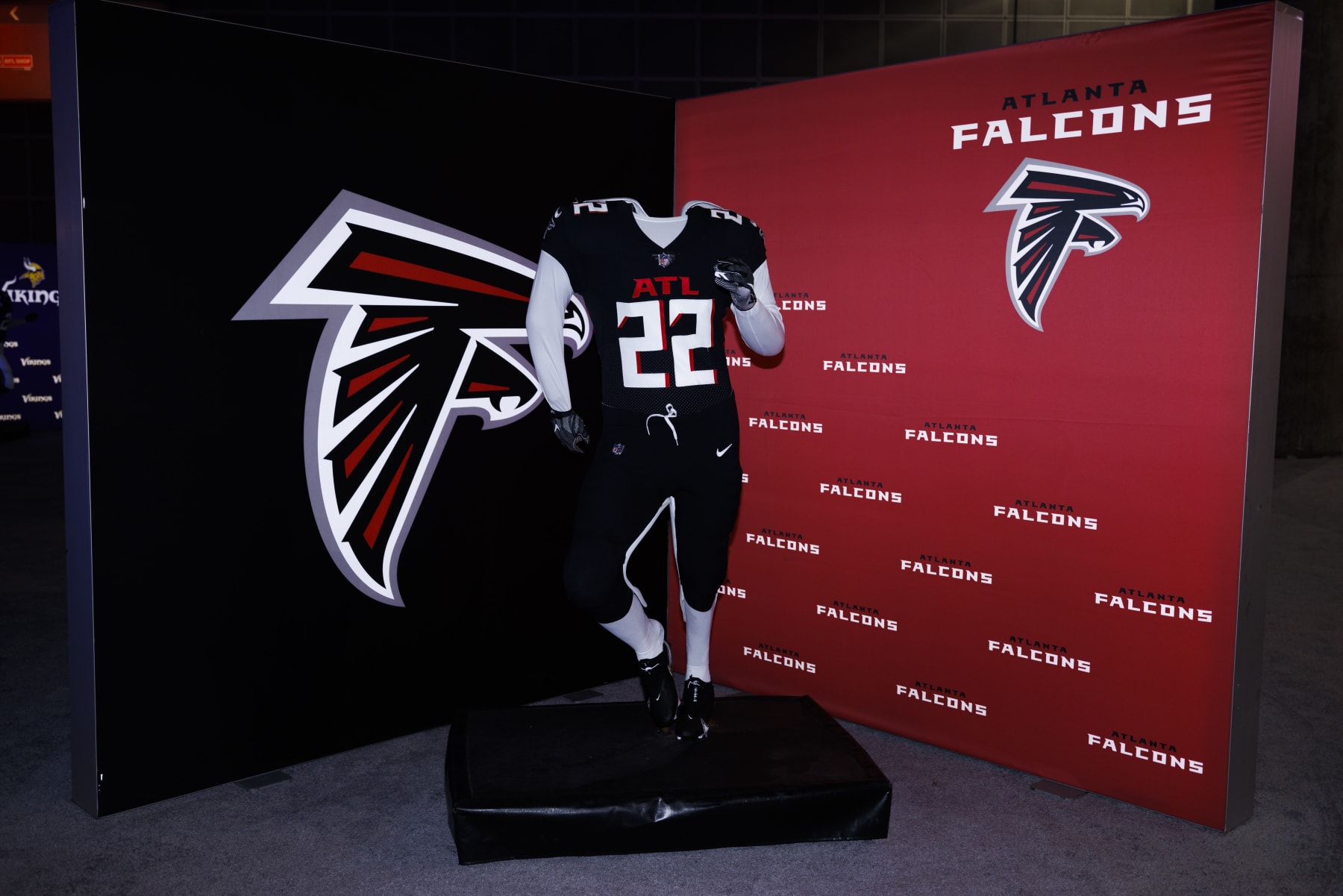 LOS ANGELES, CA - FEBRUARY 08: Detail view of the Atlanta Falcons uniform and logo seen at the Super Bowl Experience on February 08, 2022, at the Los Angeles Convention Center in Los Angeles, CA. (Photo by Ric Tapia/Icon Sportswire via Getty Images)