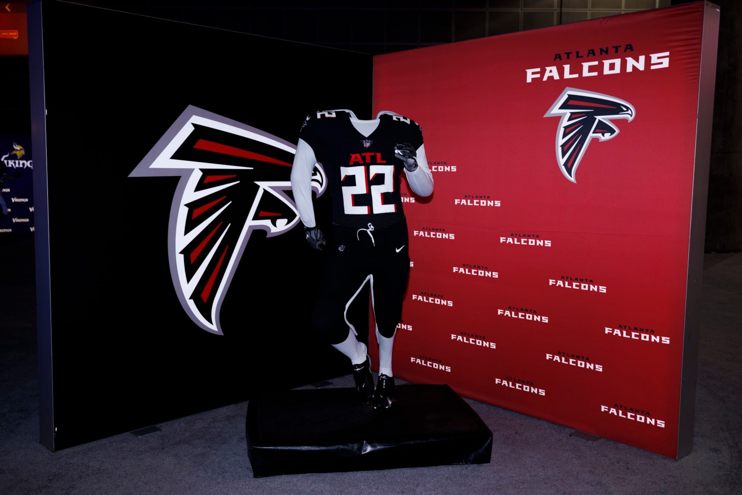 LOS ANGELES, CA - FEBRUARY 08: Detail view of the Atlanta Falcons uniform and logo seen at the Super Bowl Experience on February 08, 2022, at the Los Angeles Convention Center in Los Angeles, CA. (Photo by Ric Tapia/Icon Sportswire via Getty Images)
