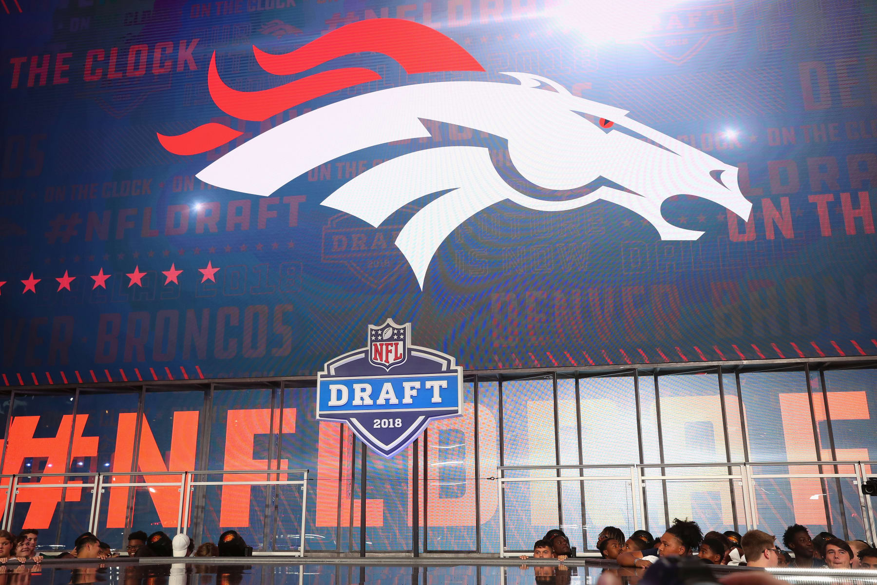 ARLINGTON, TX - APRIL 26:  The Denver Broncos logo is seen on a video board during the first round of the 2018 NFL Draft at AT&T Stadium on April 26, 2018 in Arlington, Texas.  (Photo by Tom Pennington/Getty Images)