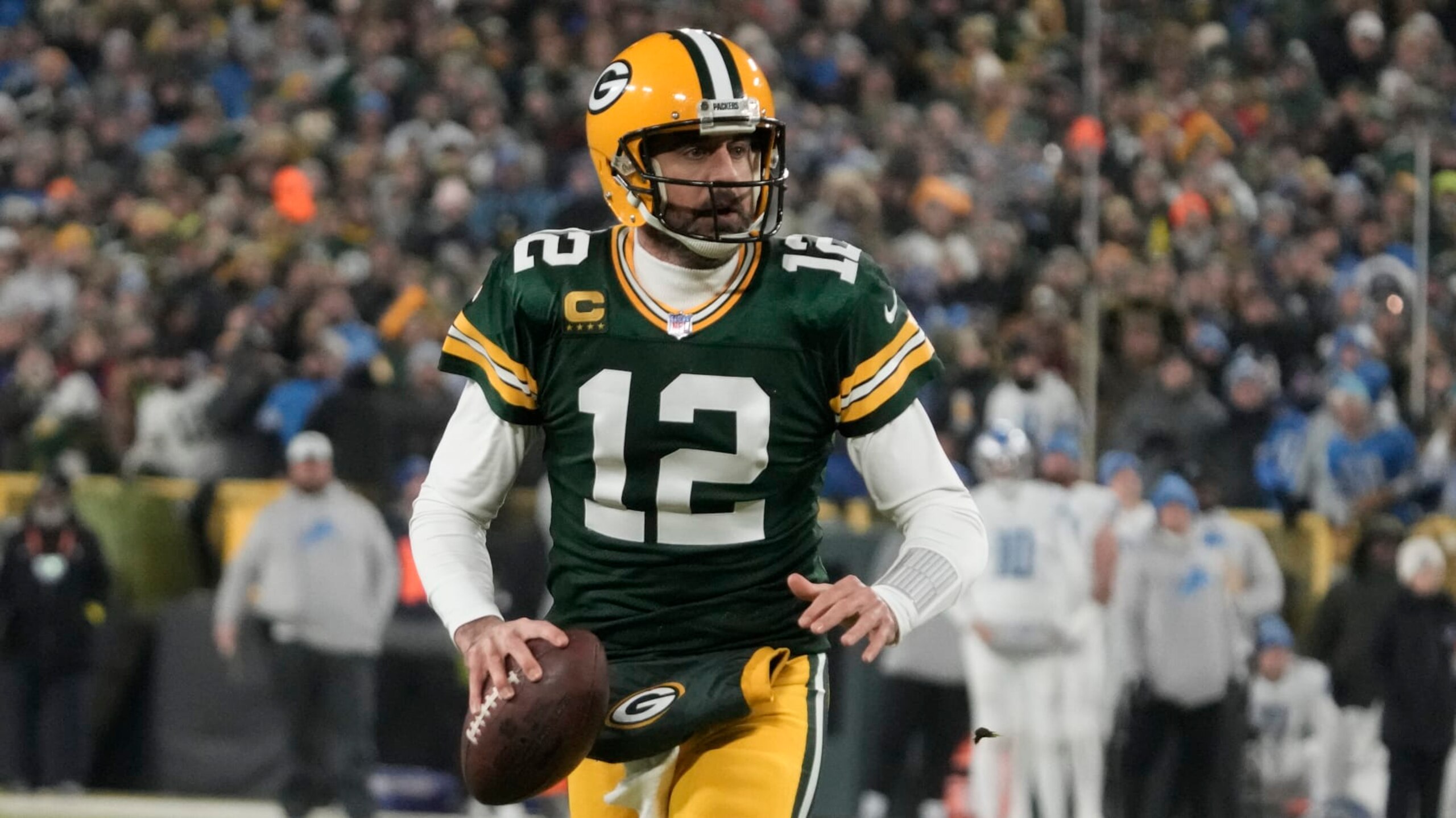 Green Bay Packers' Aaron Rodgers during the first half of an NFL football game against the Detroit LionsSunday, Jan. 8, 2023, in Green Bay, Wis. (AP Photo/Morry Gash)