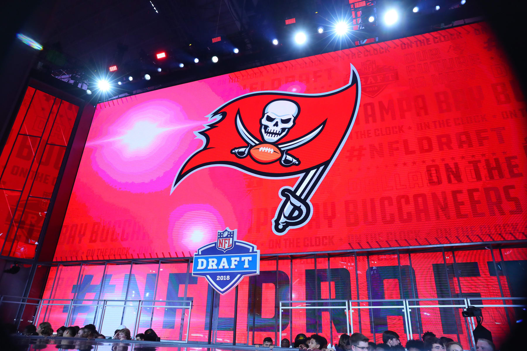 ARLINGTON, TX - APRIL 26:  The Tampa Bay Buccaneers logo on the video board during the first round at the 2018 NFL Draft at AT&T Stadium on April 26, 2018 at AT&T Stadium in Arlington Texas. (Photo by Rich Graessle/Icon Sportswire via Getty Images)