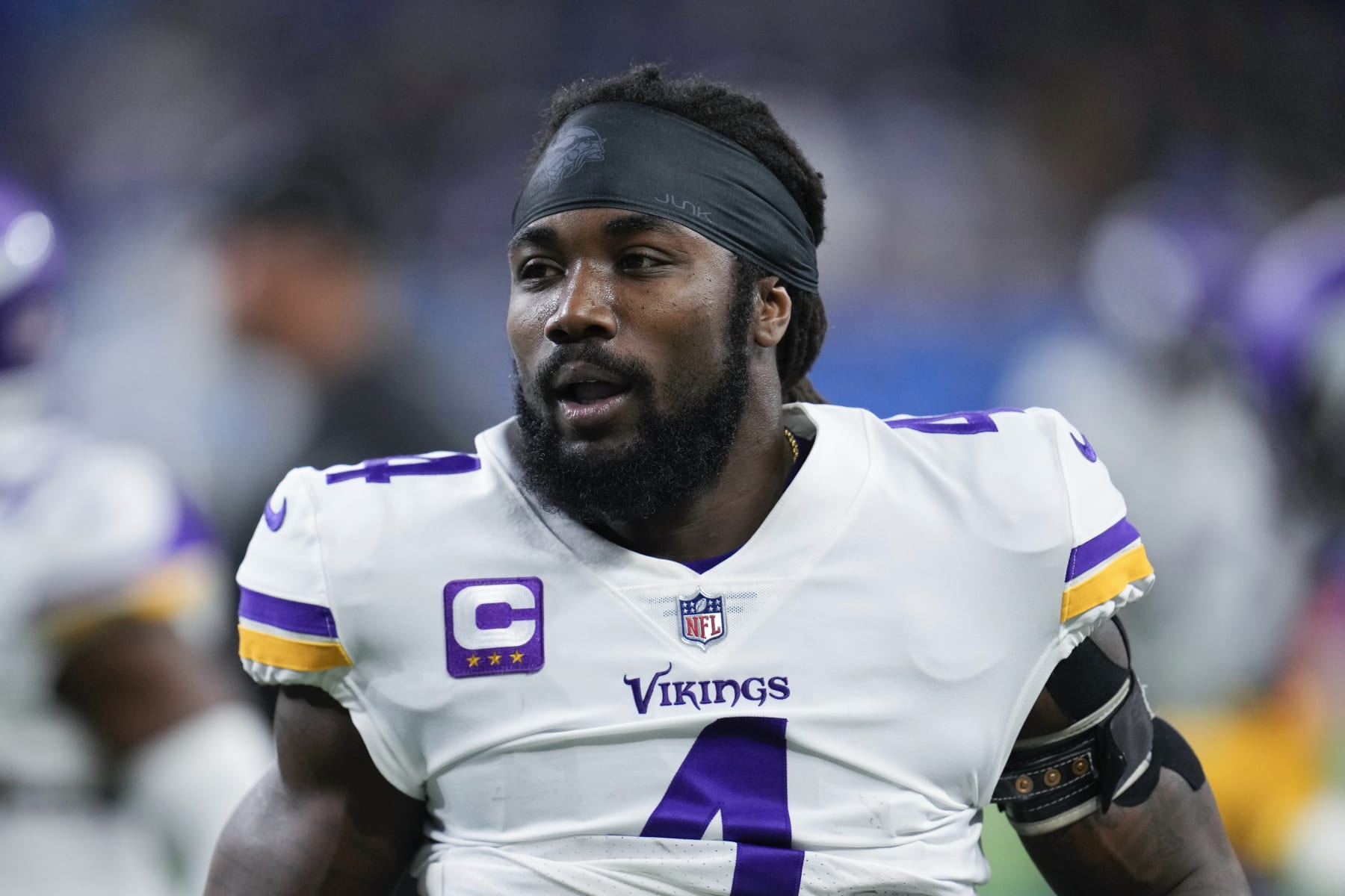 Minnesota Vikings running back Dalvin Cook (4) runs on the field before an NFL football game against the Detroit Lions in Detroit, Sunday, Dec. 11, 2022. (AP Photo/Paul Sancya)