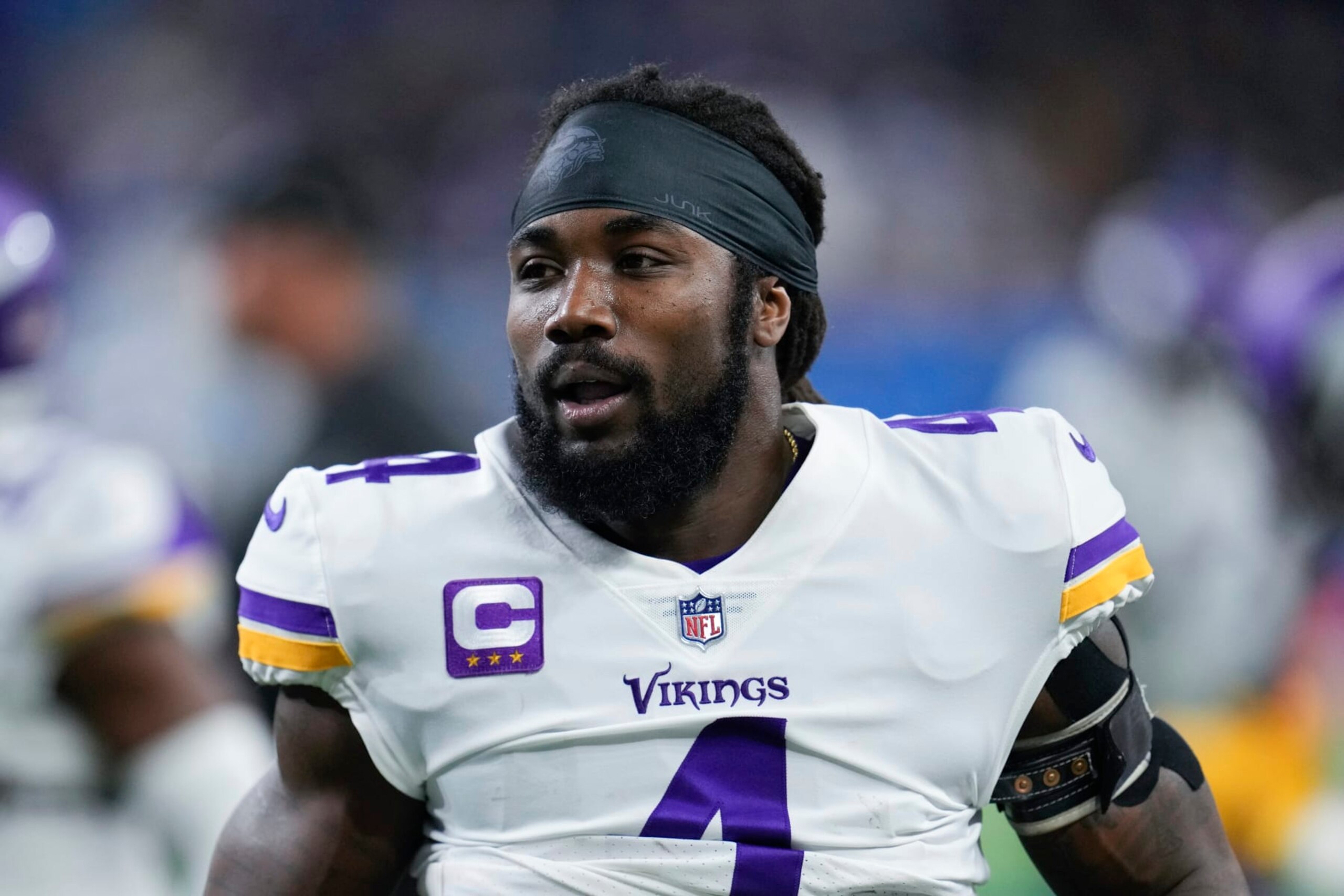 Minnesota Vikings running back Dalvin Cook (4) runs on the field before an NFL football game against the Detroit Lions in Detroit, Sunday, Dec. 11, 2022. (AP Photo/Paul Sancya)