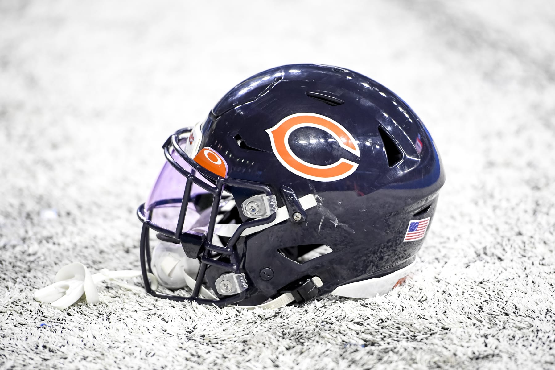 DETROIT, MICHIGAN - NOVEMBER 25: A Chicago Bears helmet is pictured after the game against the Detroit Lions at Ford Field on November 25, 2021 in Detroit, Michigan. (Photo by Nic Antaya/Getty Images)