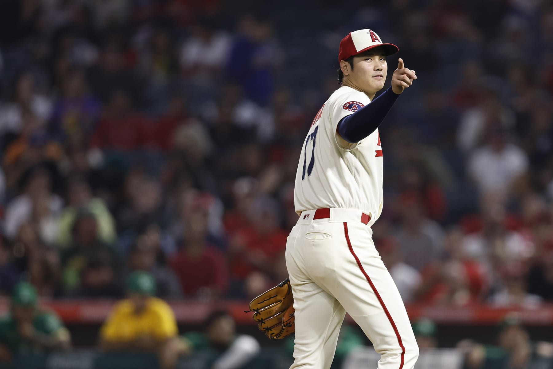ANAHEIM, CALIFORNIA - SEPTEMBER 29: Shohei Ohtani #17 of the Los Angeles Angels reacts during a game against the Oakland Athletics in the seventh inning at Angel Stadium of Anaheim on September 29, 2022 in Anaheim, California. (Photo by Michael Owens/Getty Images)