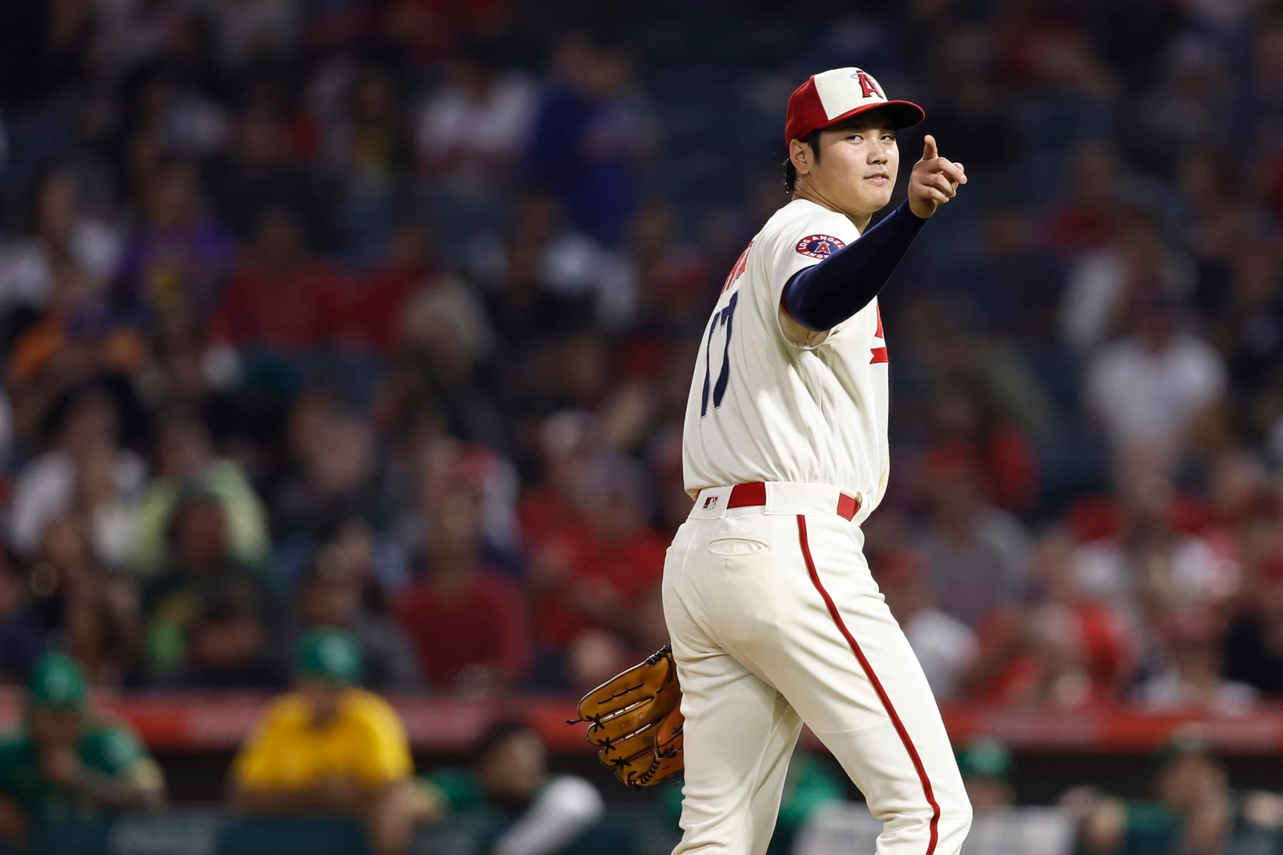 ANAHEIM, CALIFORNIA - SEPTEMBER 29: Shohei Ohtani #17 of the Los Angeles Angels reacts during a game against the Oakland Athletics in the seventh inning at Angel Stadium of Anaheim on September 29, 2022 in Anaheim, California. (Photo by Michael Owens/Getty Images)