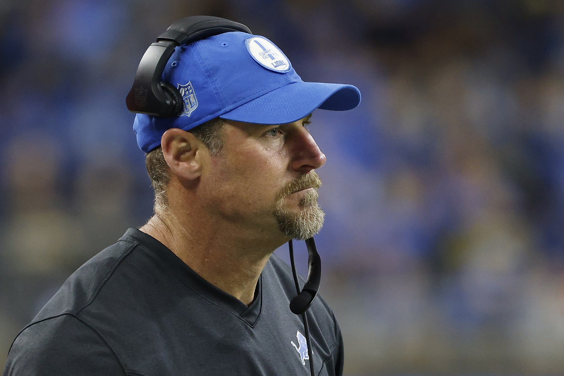 DETROIT, MICHIGAN - JANUARY 01: Head coach Dan Campbell of the Detroit Lions looks on in the second half of a game against the Chicago Bears at Ford Field on January 01, 2023 in Detroit, Michigan. (Photo by Mike Mulholland/Getty Images)